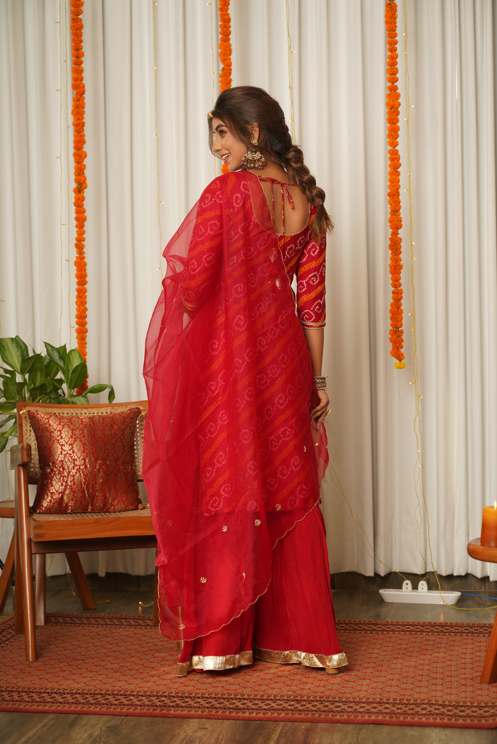 Women's Red Bandhani Kurta Sharara Set - ( Set Of 3) - Nangalia Ruchira