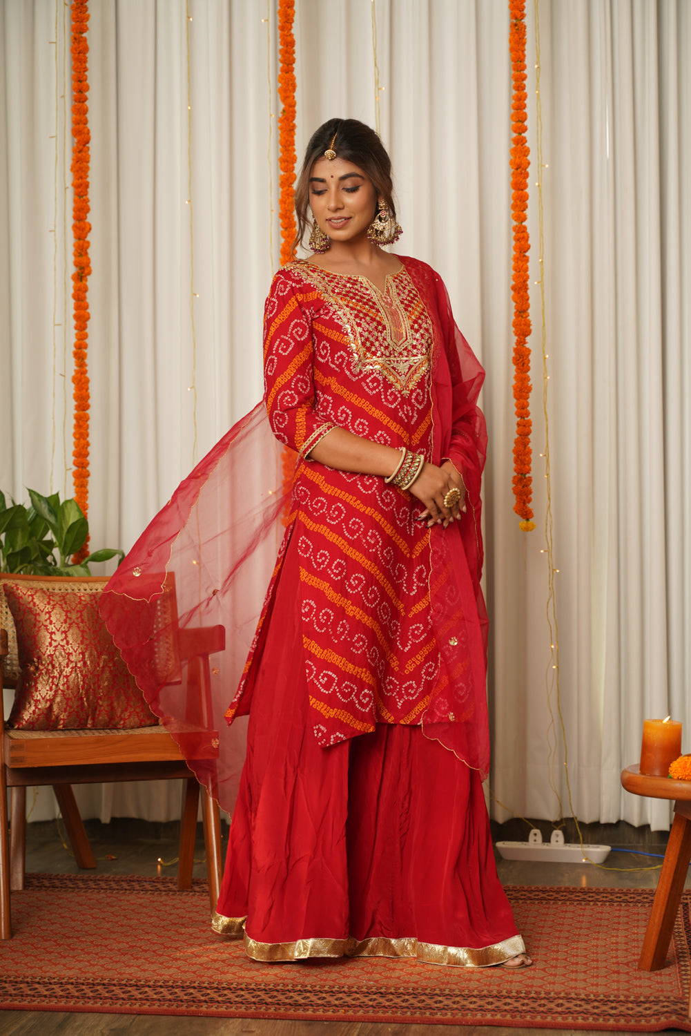 Women's Red Bandhani Kurta Sharara Set - ( Set Of 3) - Nangalia Ruchira