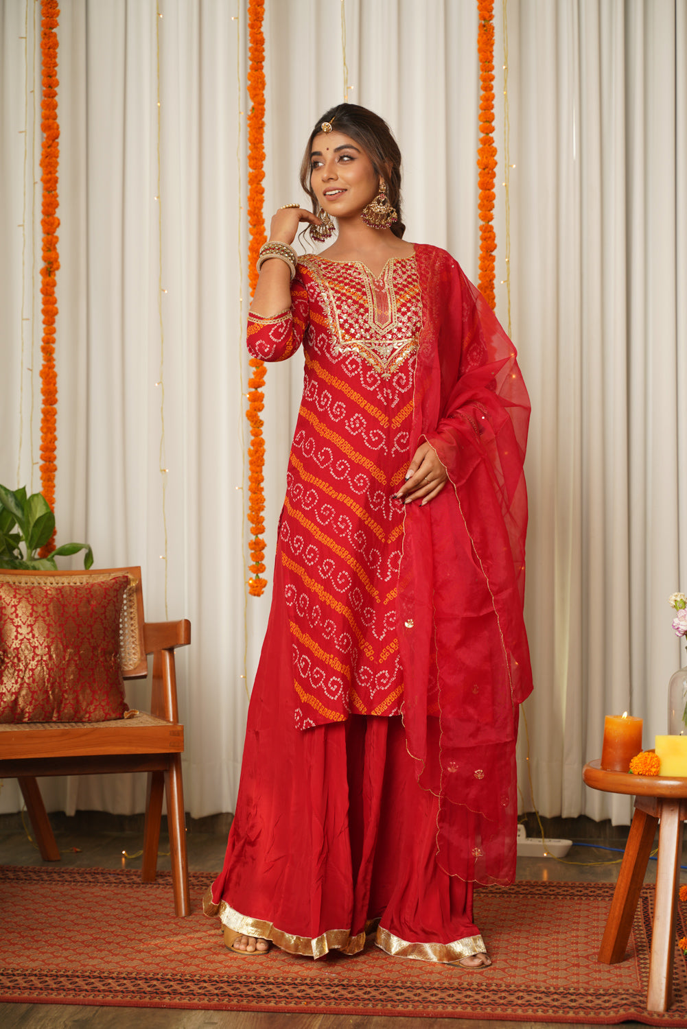 Women's Red Bandhani Kurta Sharara Set - ( Set Of 3) - Nangalia Ruchira