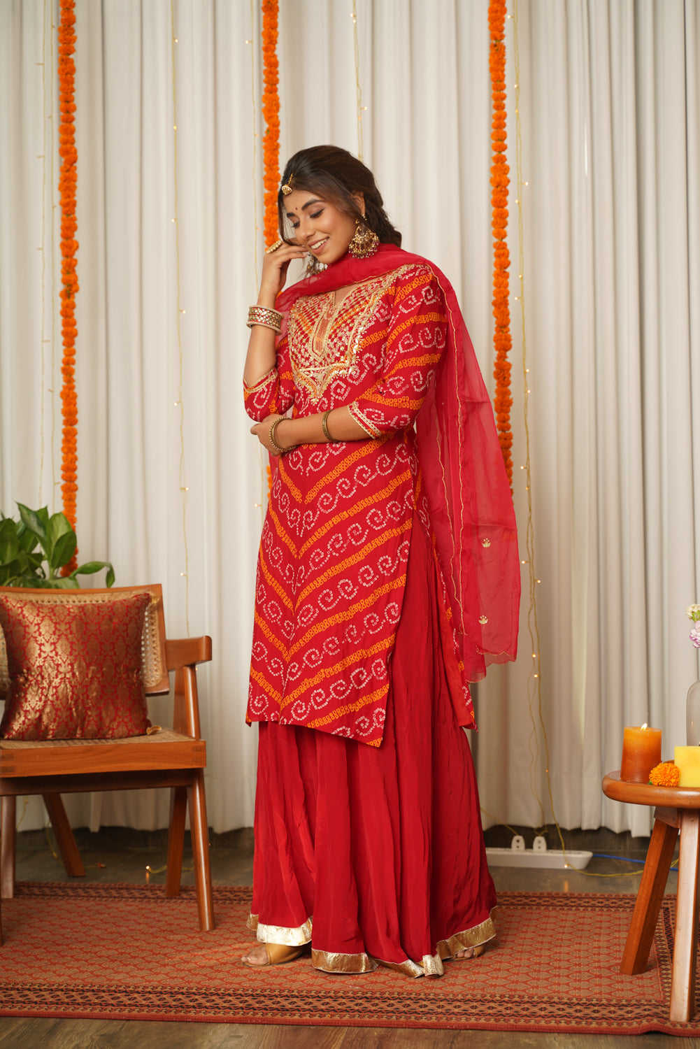 Women's Red Bandhani Kurta Sharara Set - ( Set Of 3) - Nangalia Ruchira