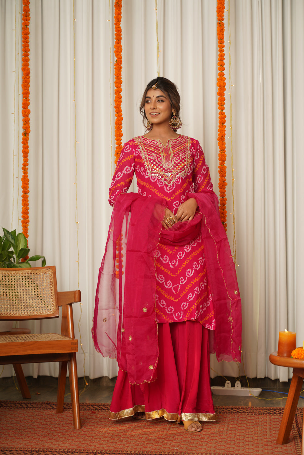 Women's Pink Bandhani Gota Patti Yoke Kurta Palazzo Set - (Set Of 3) - Nangalia Ruchira