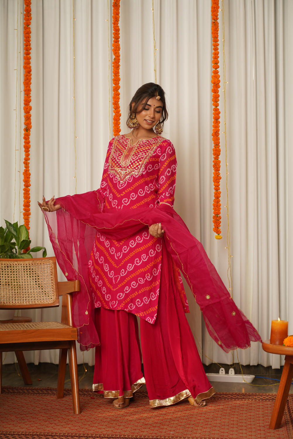 Women's Pink Bandhani Gota Patti Yoke Kurta Palazzo Set - (Set Of 3) - Nangalia Ruchira