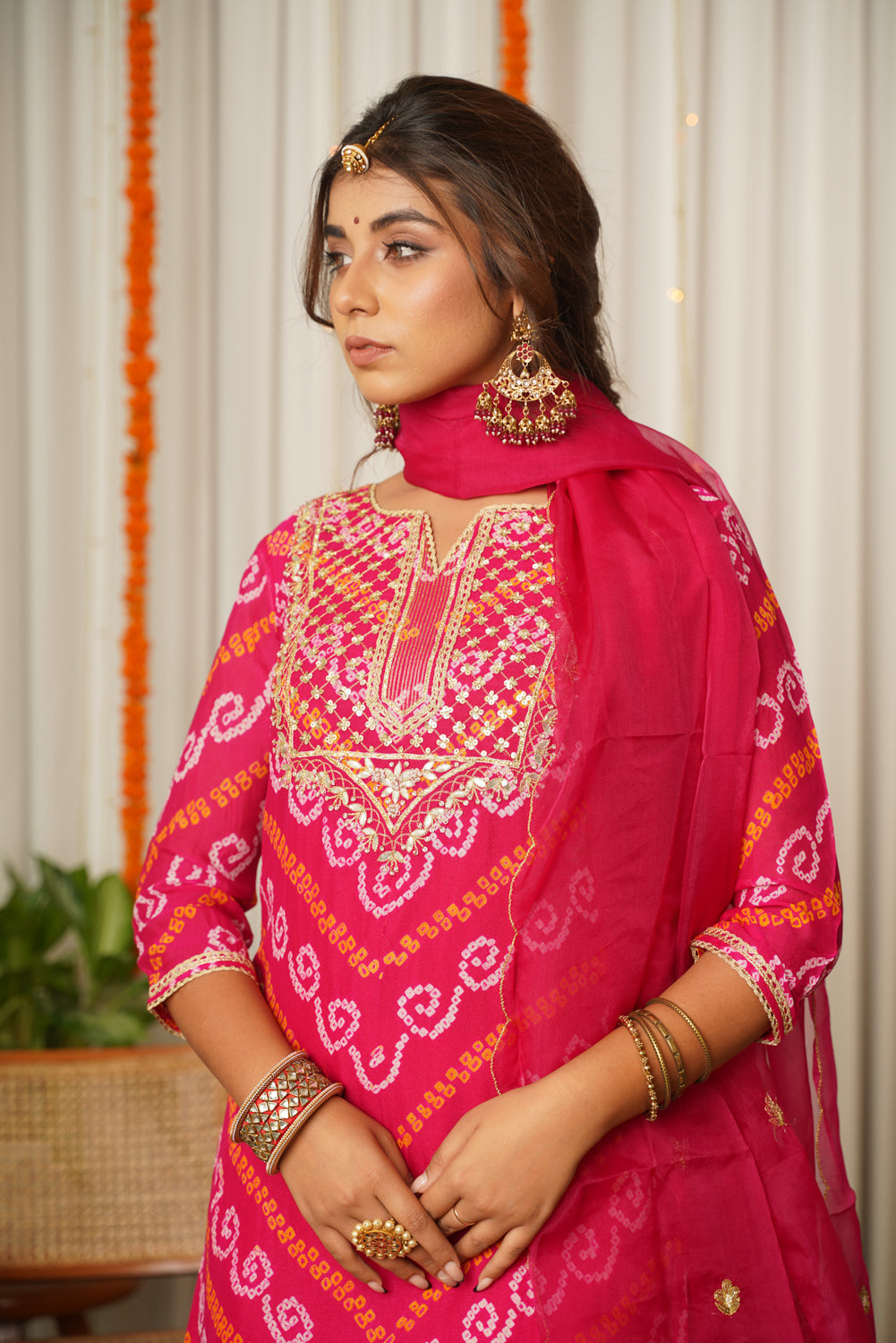 Women's Pink Bandhani Gota Patti Yoke Kurta Palazzo Set - (Set Of 3) - Nangalia Ruchira
