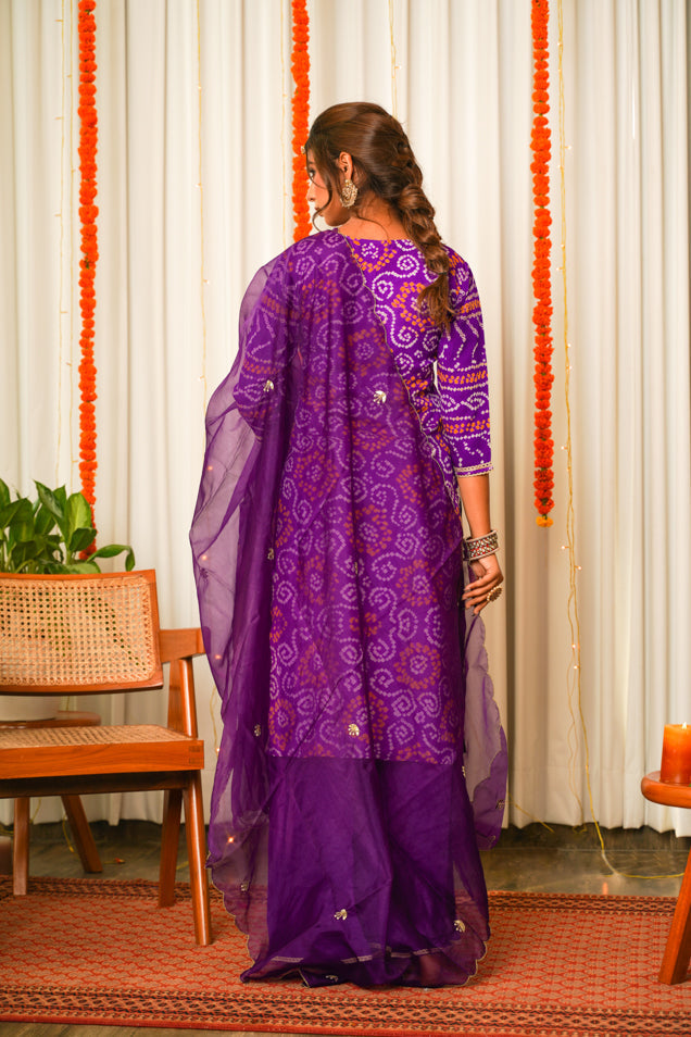 Women's Purple Bandhani Kurta Sharara Set - ( Set Of 3) - Nangalia Ruchira