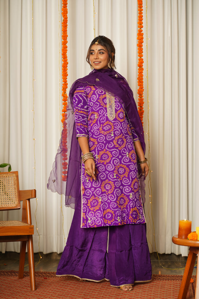 Women's Purple Bandhani Kurta Sharara Set - ( Set Of 3) - Nangalia Ruchira