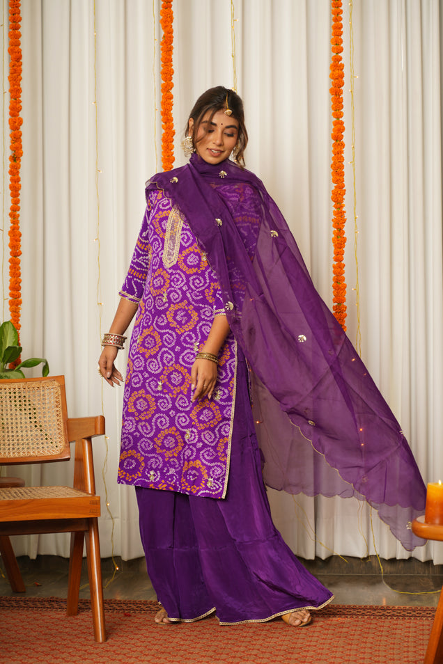 Women's Purple Bandhani Kurta Sharara Set - ( Set Of 3) - Nangalia Ruchira
