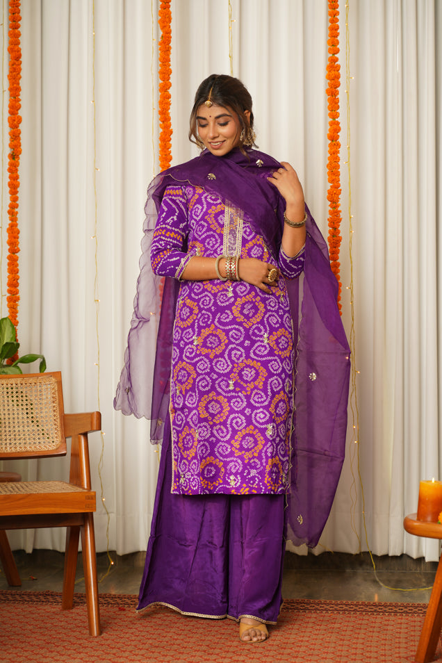 Women's Purple Bandhani Kurta Sharara Set - ( Set Of 3) - Nangalia Ruchira