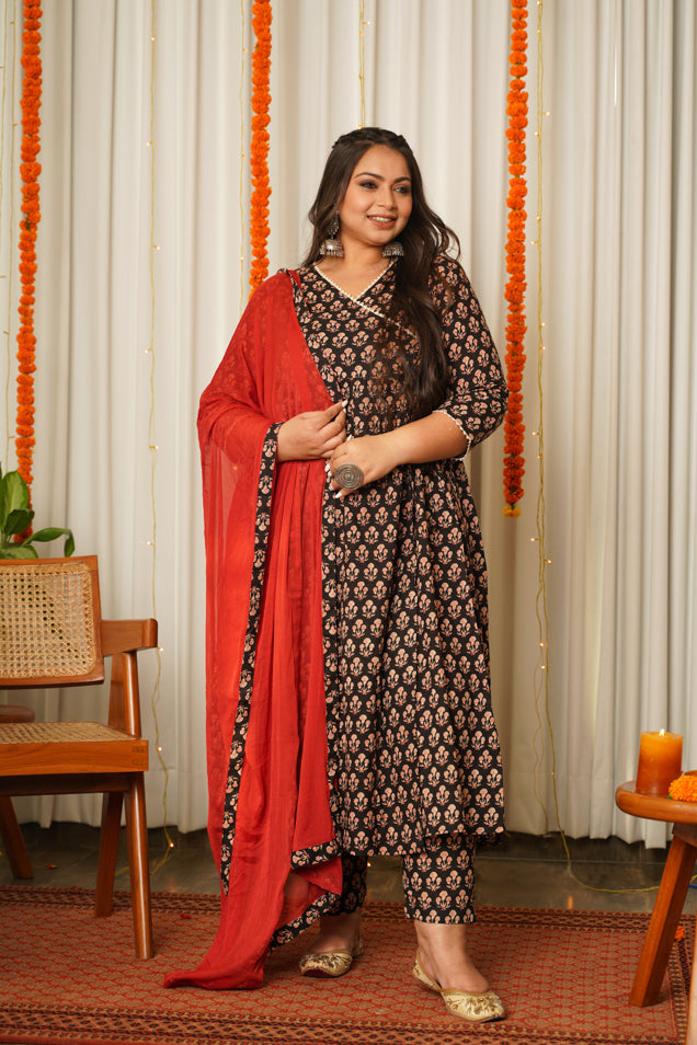 Women's Black Block Print Cotton Angrakha Suit Set - (Set Of 3) - Nangalia Ruchira