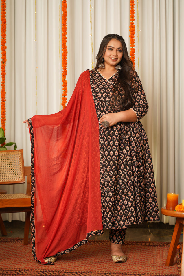 Women's Black Block Print Cotton Angrakha Suit Set - (Set Of 3) - Nangalia Ruchira