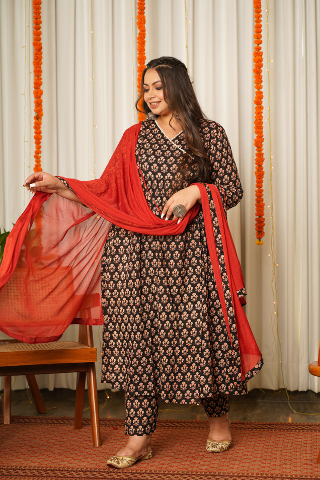 Women's Black Block Print Cotton Angrakha Suit Set - (Set Of 3) - Nangalia Ruchira