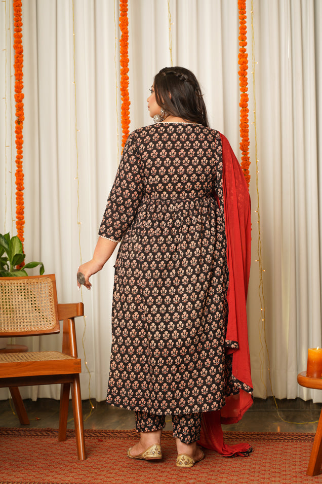Women's Black Block Print Cotton Angrakha Suit Set - (Set Of 3) - Nangalia Ruchira