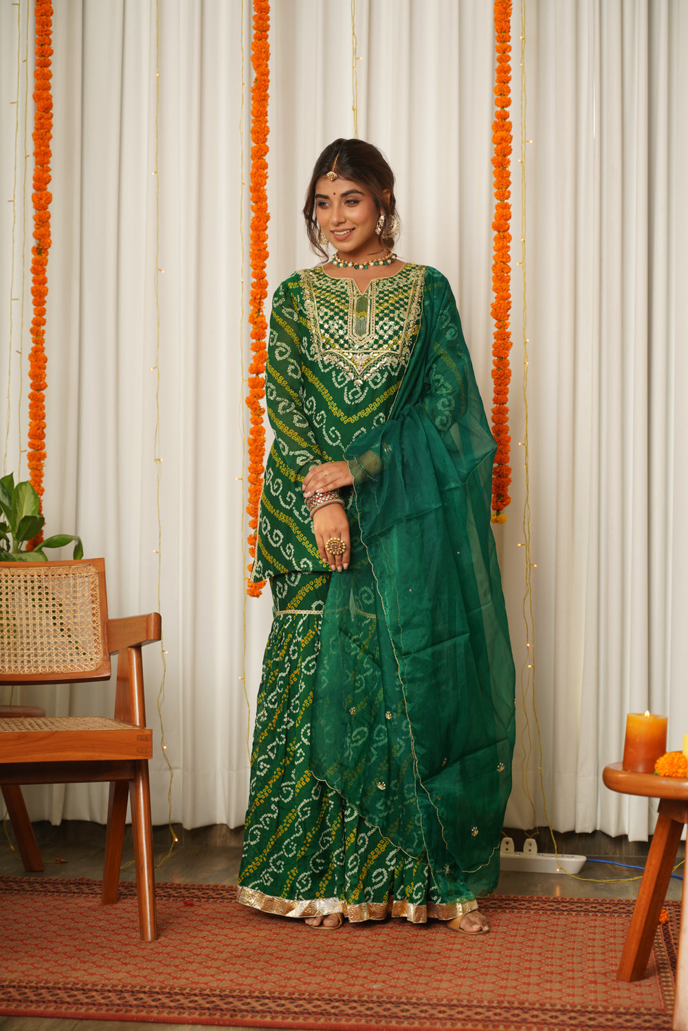 Women's Green Bandhani Gota Patti Kurta Sharara Set - (Set Of 3) - Nangalia Ruchira