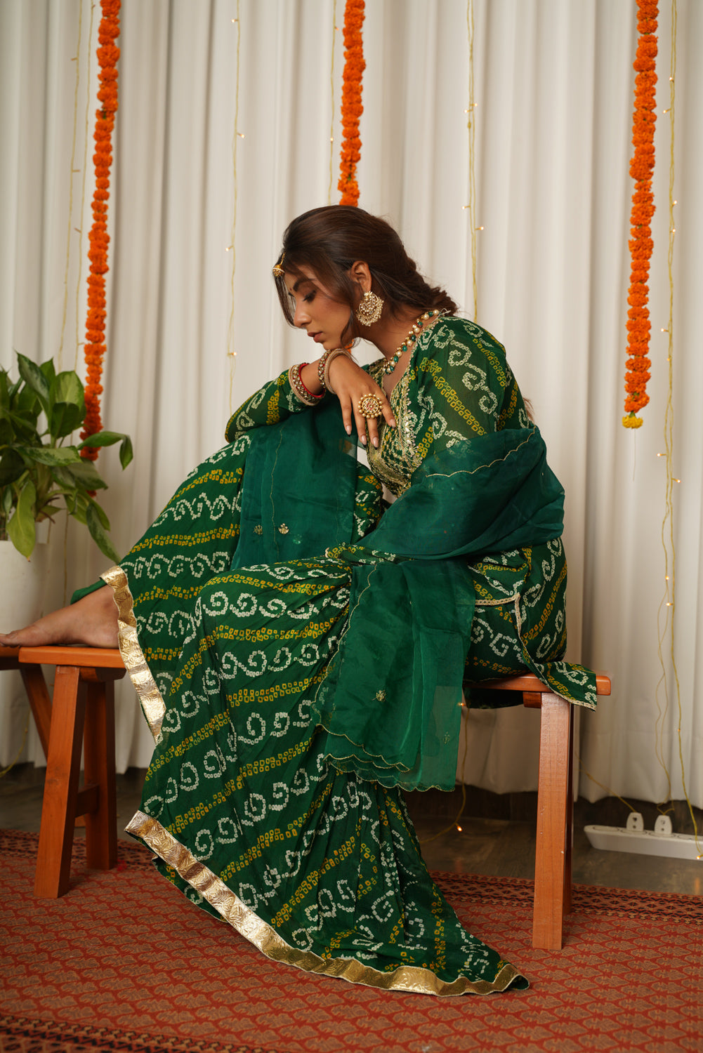 Women's Green Bandhani Gota Patti Kurta Sharara Set - (Set Of 3) - Nangalia Ruchira