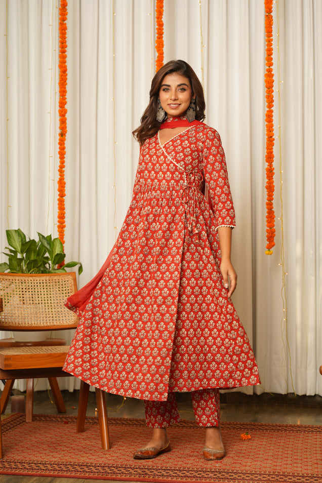 Women's Red Block Print Angrakha Suit Set - ( Set Of 3) - Nangalia Ruchira