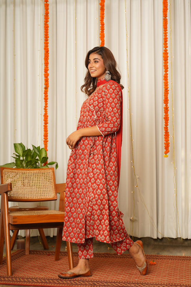 Women's Red Block Print Angrakha Suit Set - ( Set Of 3) - Nangalia Ruchira