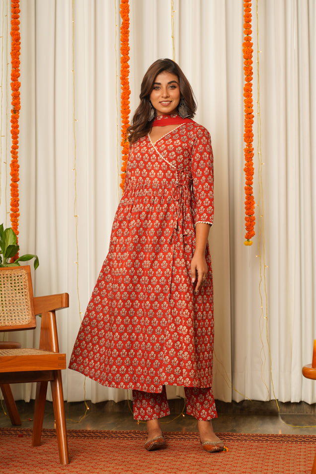 Women's Red Block Print Angrakha Suit Set - ( Set Of 3) - Nangalia Ruchira