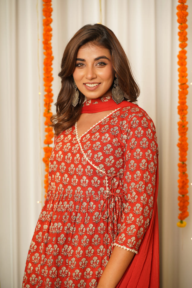 Women's Red Block Print Angrakha Suit Set - ( Set Of 3) - Nangalia Ruchira
