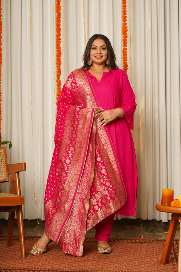 Women's Fuschia Pink Pathani Kurta Suit Set With Benarasi Dupatta - (Set Of 3) - Nangalia Ruchira