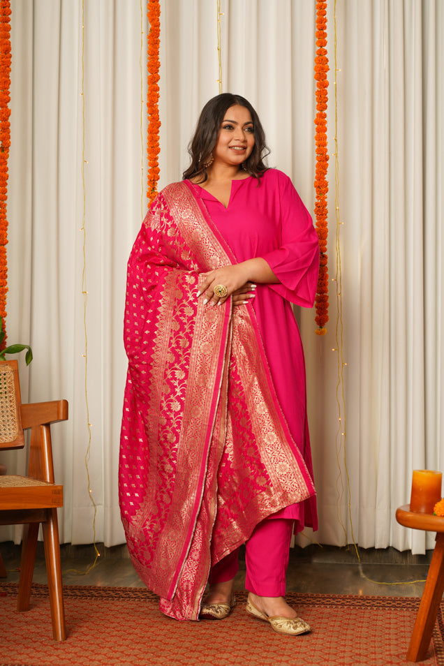 Women's Fuschia Pink Pathani Kurta Suit Set With Benarasi Dupatta - (Set Of 3) - Nangalia Ruchira