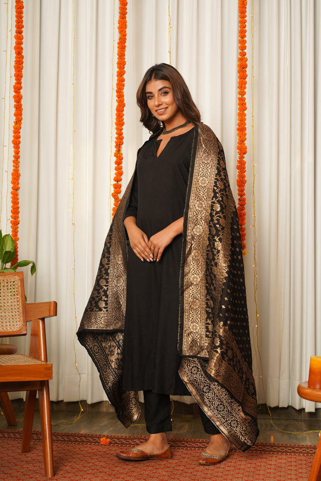 Women's Black Paithani Kurta Suit Set With Benarasi Dupatta - (Set Of 3) - Nangalia Ruchira