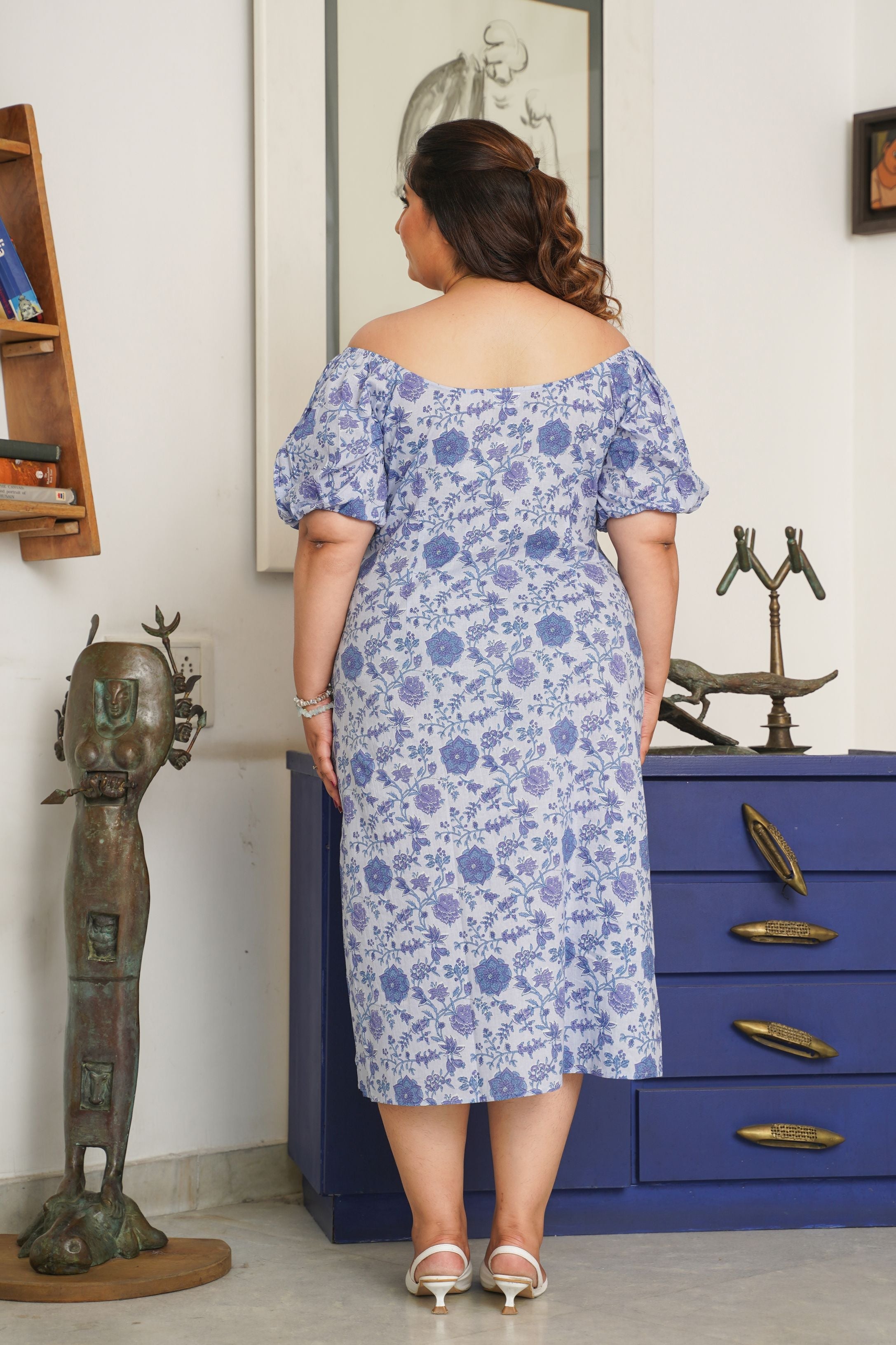 Women's Ice Blue Gaga Printed Cotton Dress - Nangalia Ruchira