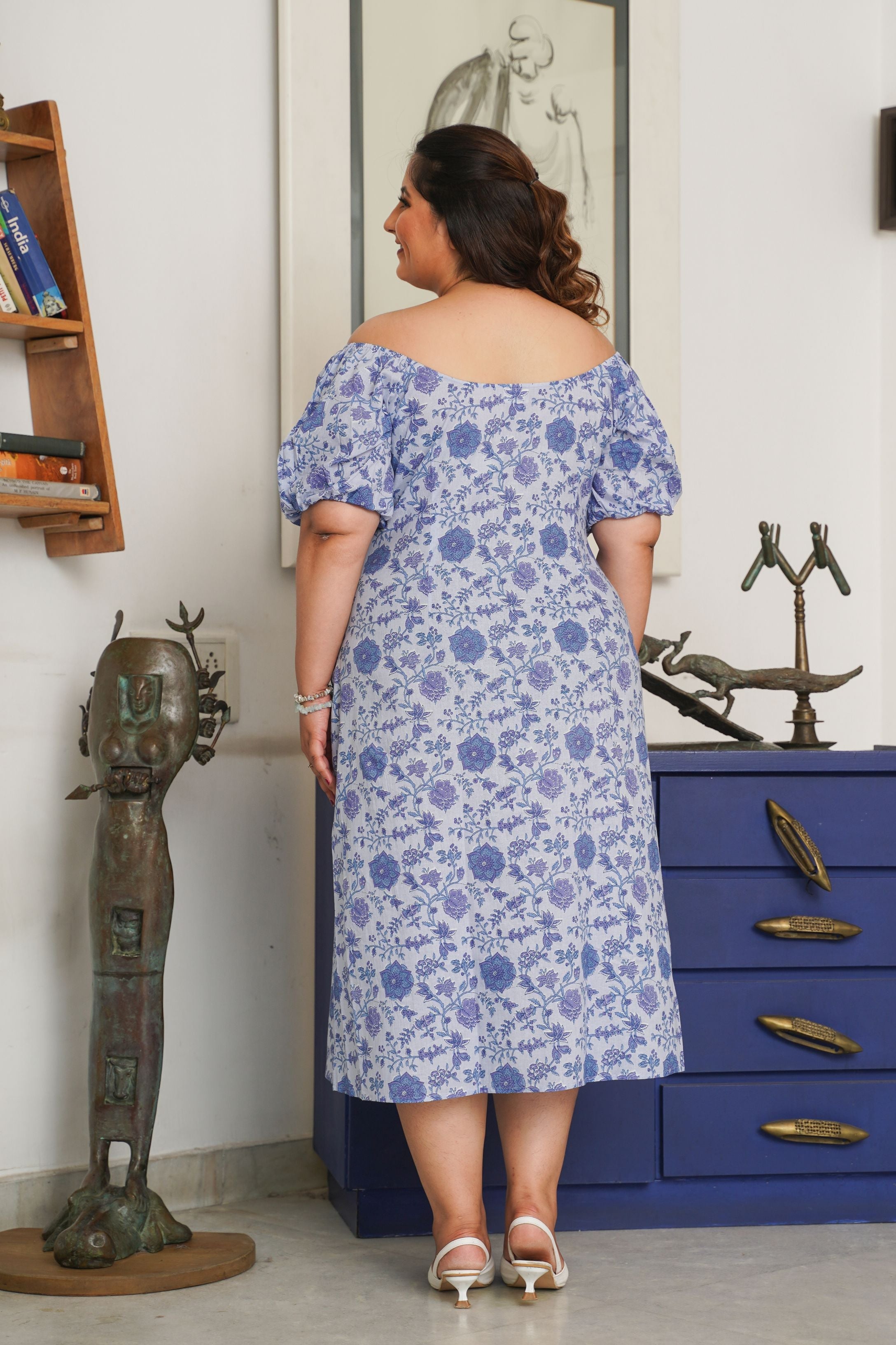 Women's Ice Blue Gaga Printed Cotton Dress - Nangalia Ruchira