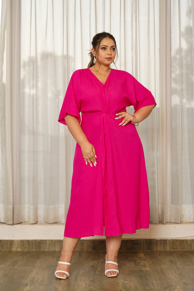 Women's Hot Pink Front Knot V-Neck Dress - Nangalia Ruchira