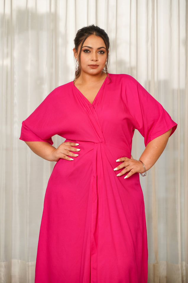 Women's Hot Pink Front Knot V-Neck Dress - Nangalia Ruchira