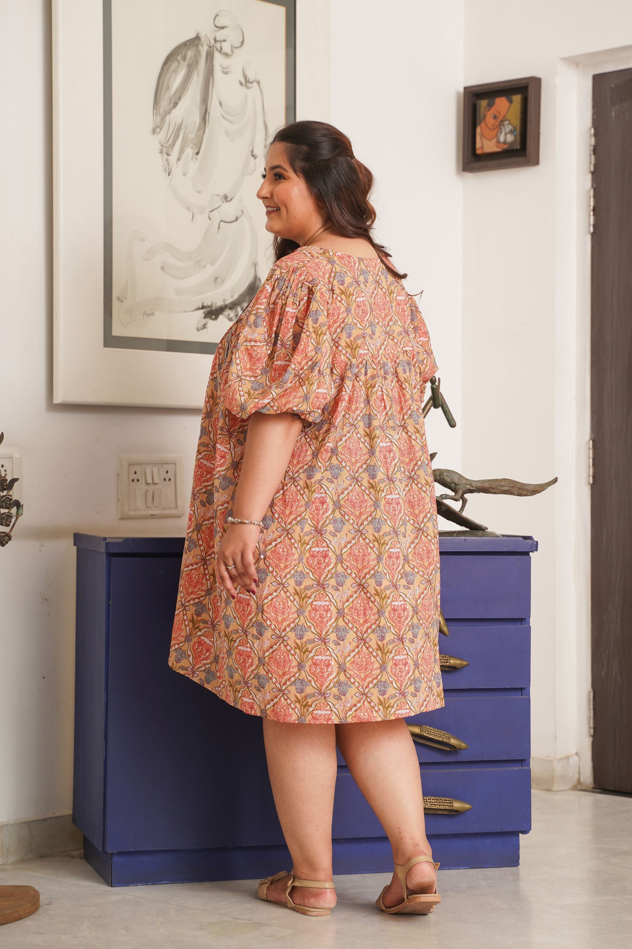 Women's Hazelnut Short Printed Anti-Fit Cotton Dress - Nangalia Ruchira