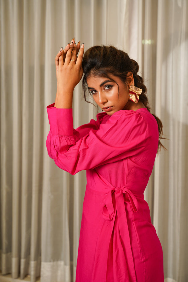 Women's Hot Pink Wrap V-Neck Gown - Nangalia Ruchira
