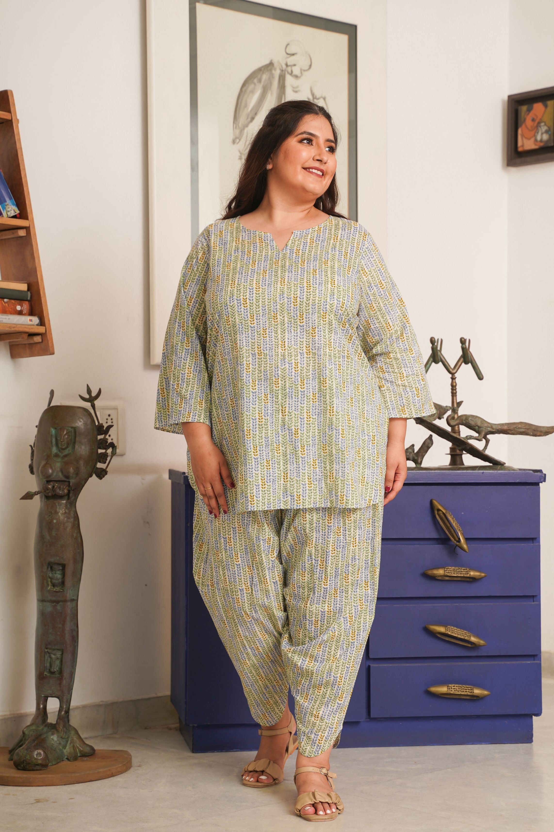 Women's Mint Cotton Printed Co-Ord Set With Salwar - Nangalia Ruchira