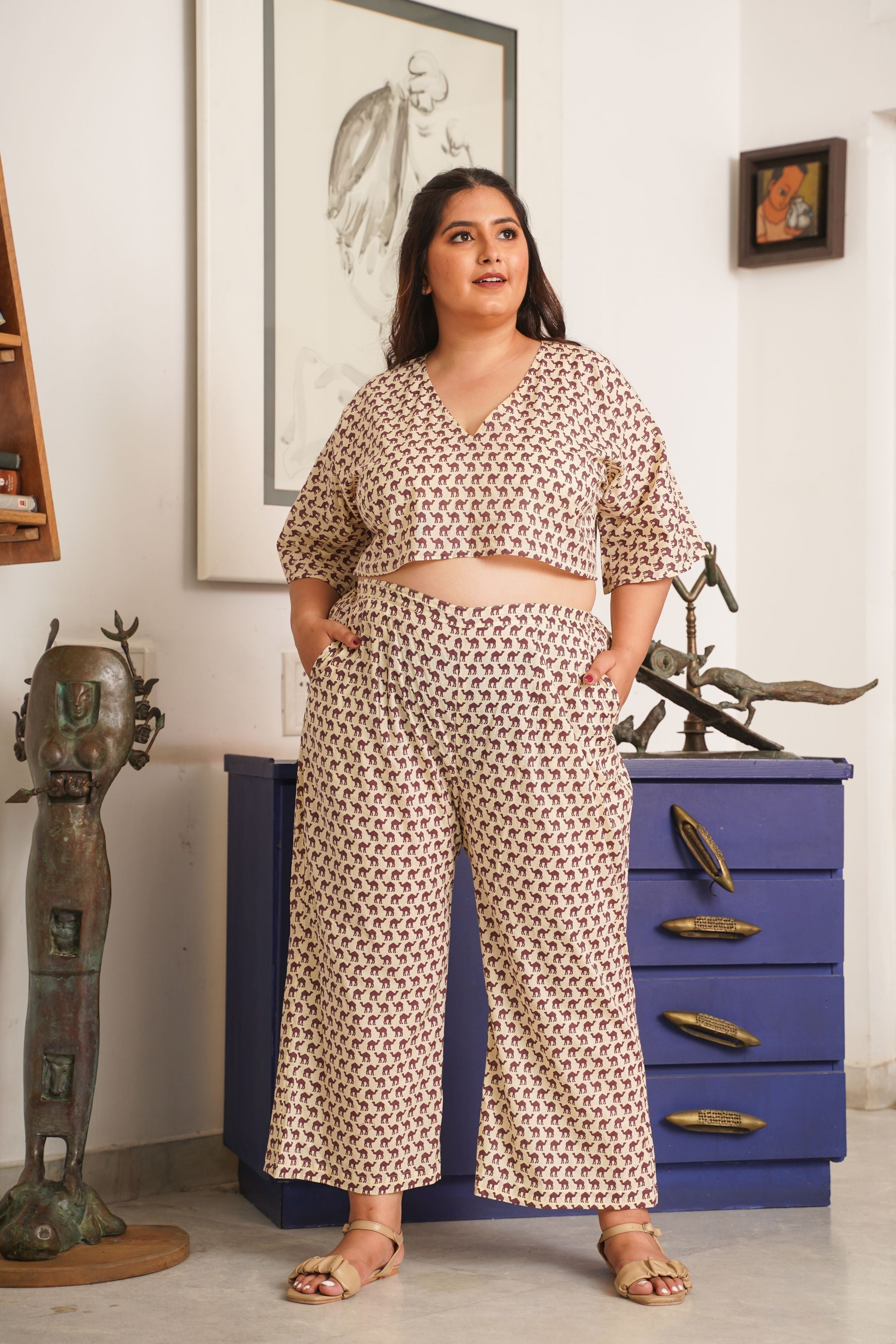 Women's Camel Print Cream Cotton V Neck Co-Ord Set - Nangalia Ruchira