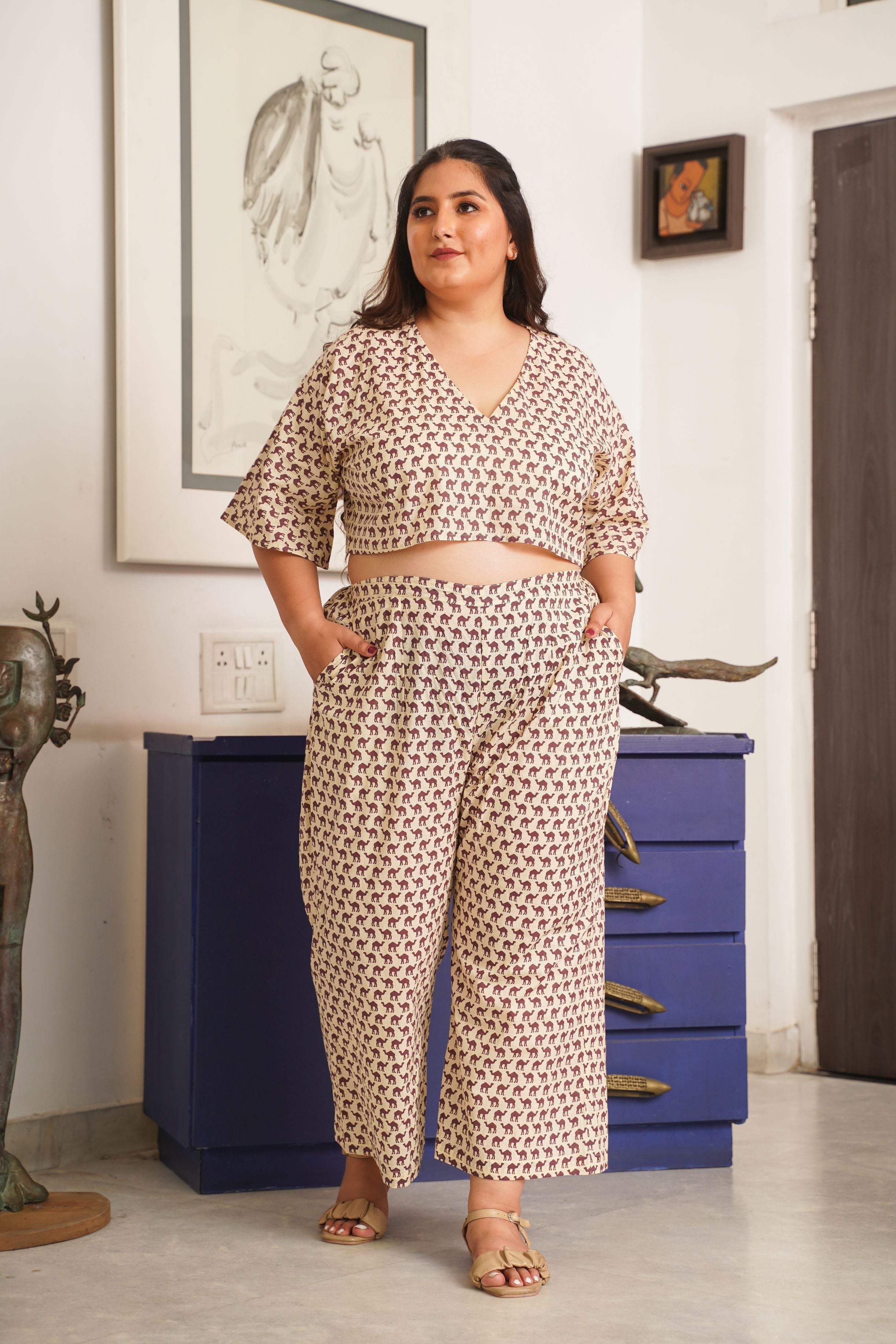 Women's Camel Print Cream Cotton V Neck Co-Ord Set - Nangalia Ruchira