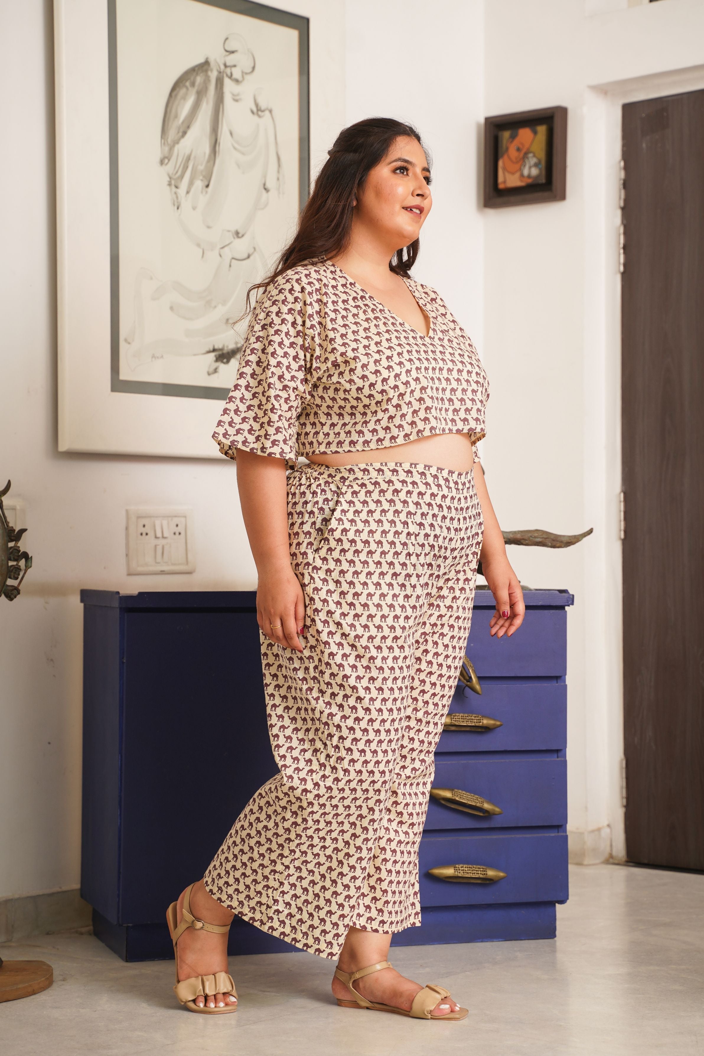 Women's Camel Print Cream Cotton V Neck Co-Ord Set - Nangalia Ruchira