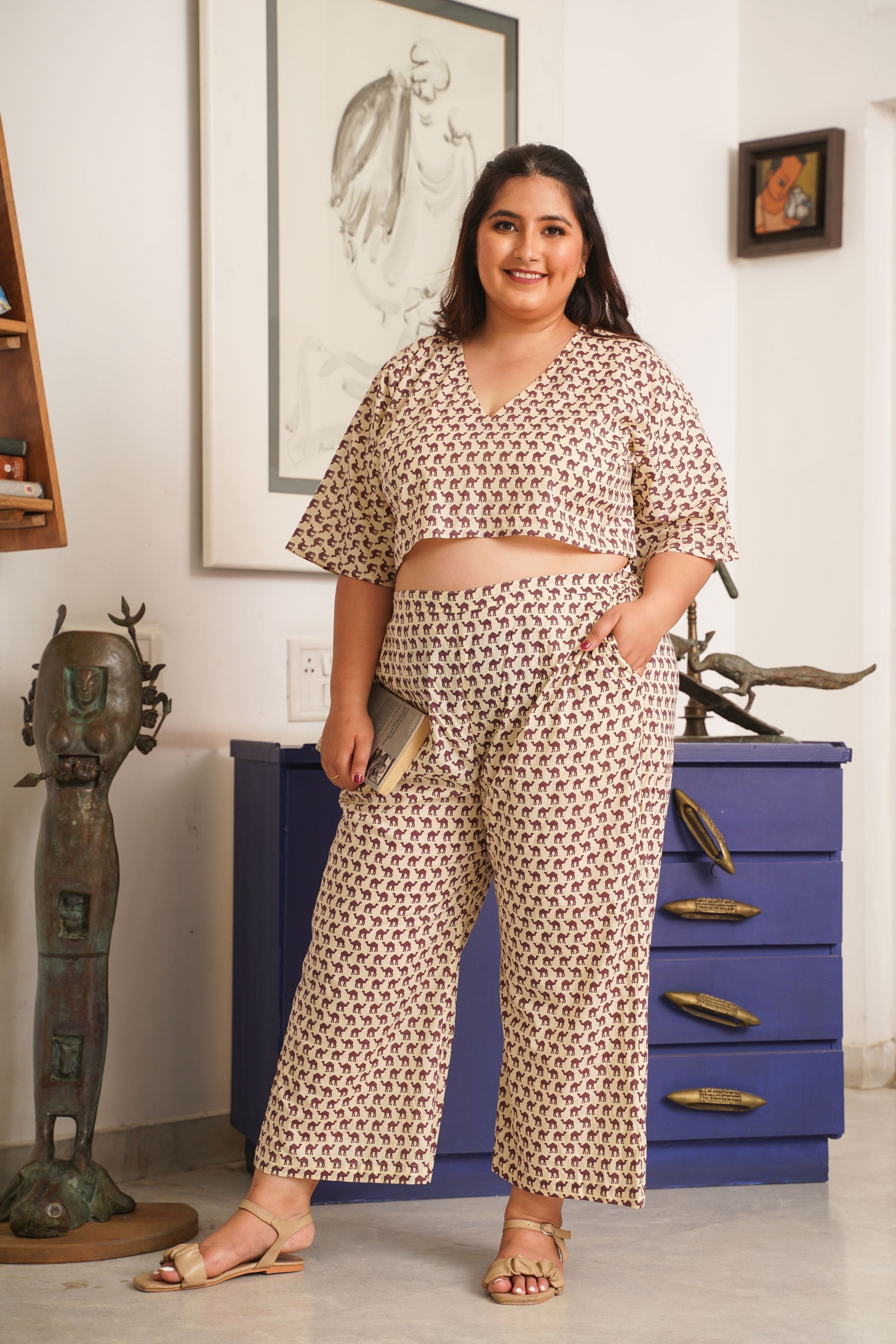 Women's Camel Print Cream Cotton V Neck Co-Ord Set - Nangalia Ruchira