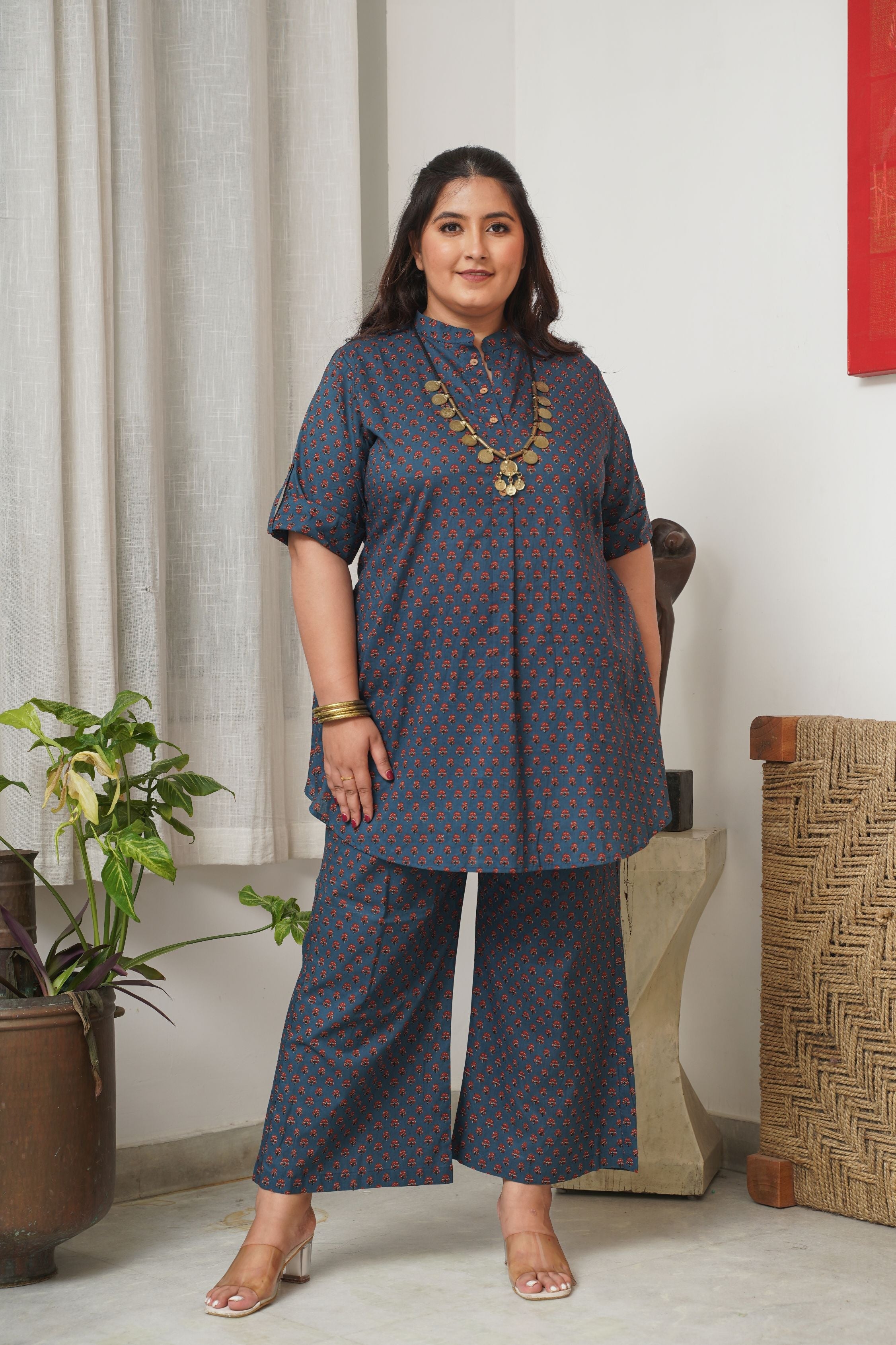 Women's Booti Print Classic Blue Collared Co-Ord Set - Nangalia Ruchira