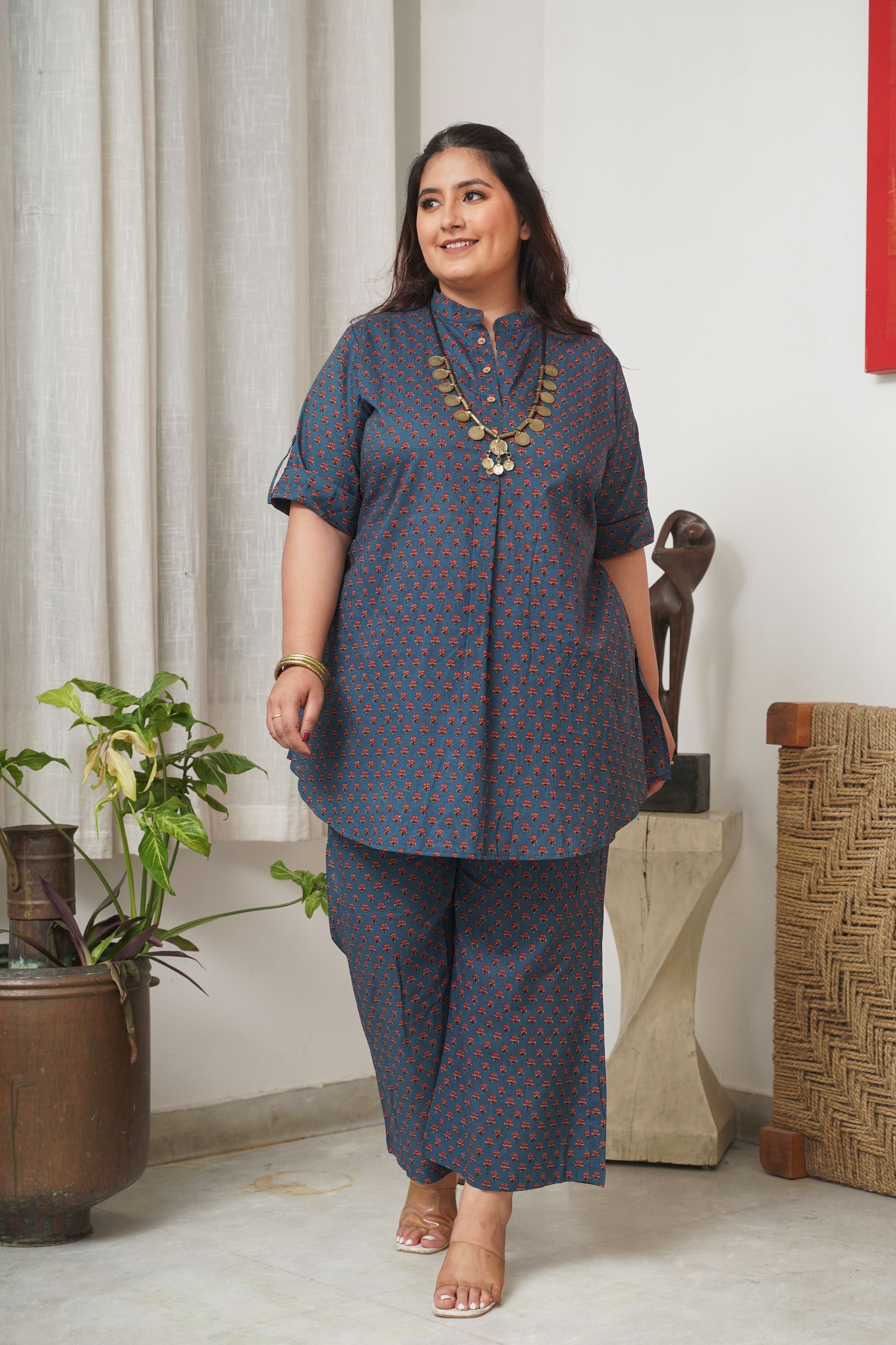 Women's Booti Print Classic Blue Collared Co-Ord Set - Nangalia Ruchira