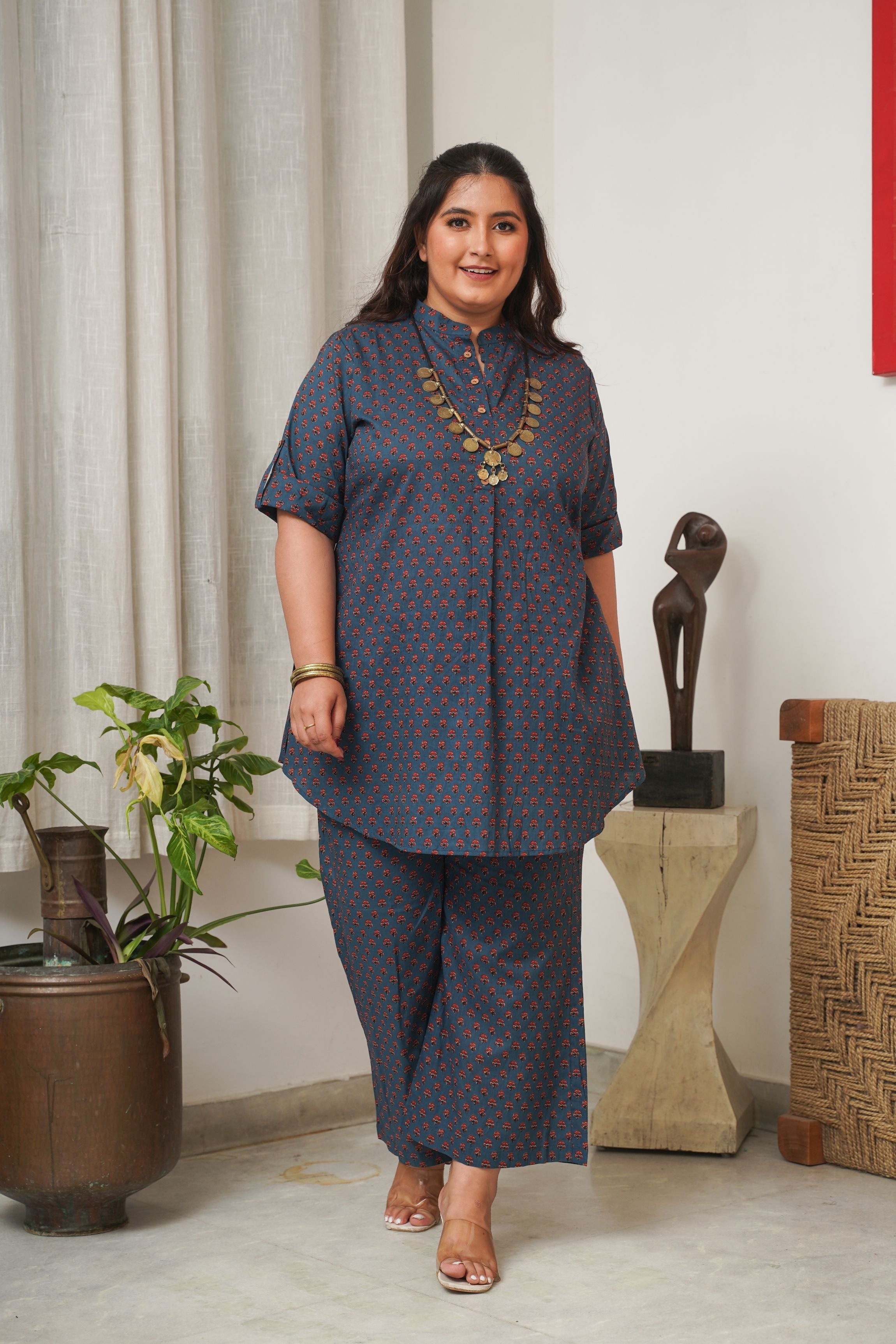 Women's Booti Print Classic Blue Collared Co-Ord Set - Nangalia Ruchira