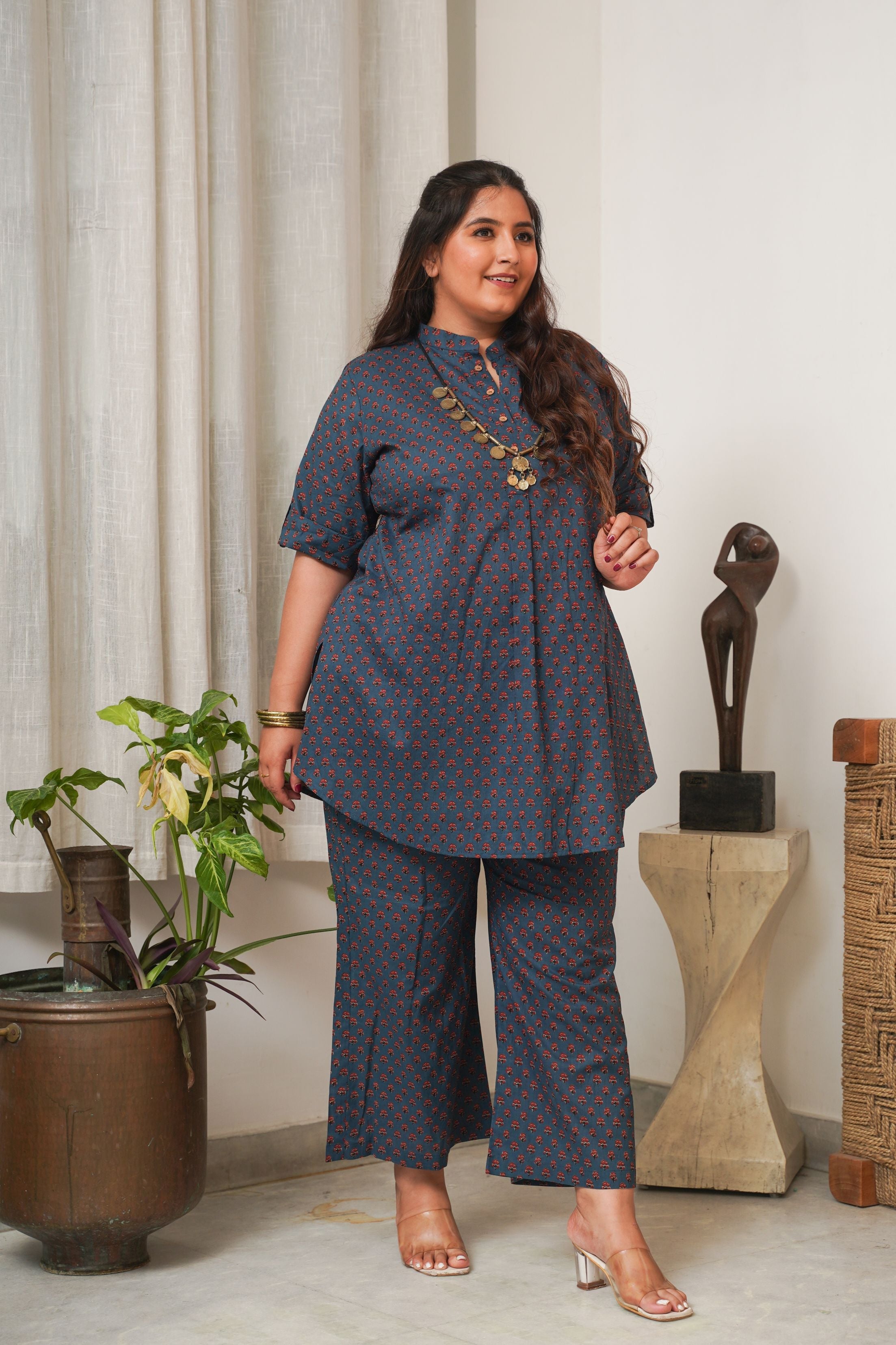 Women's Booti Print Classic Blue Collared Co-Ord Set - Nangalia Ruchira