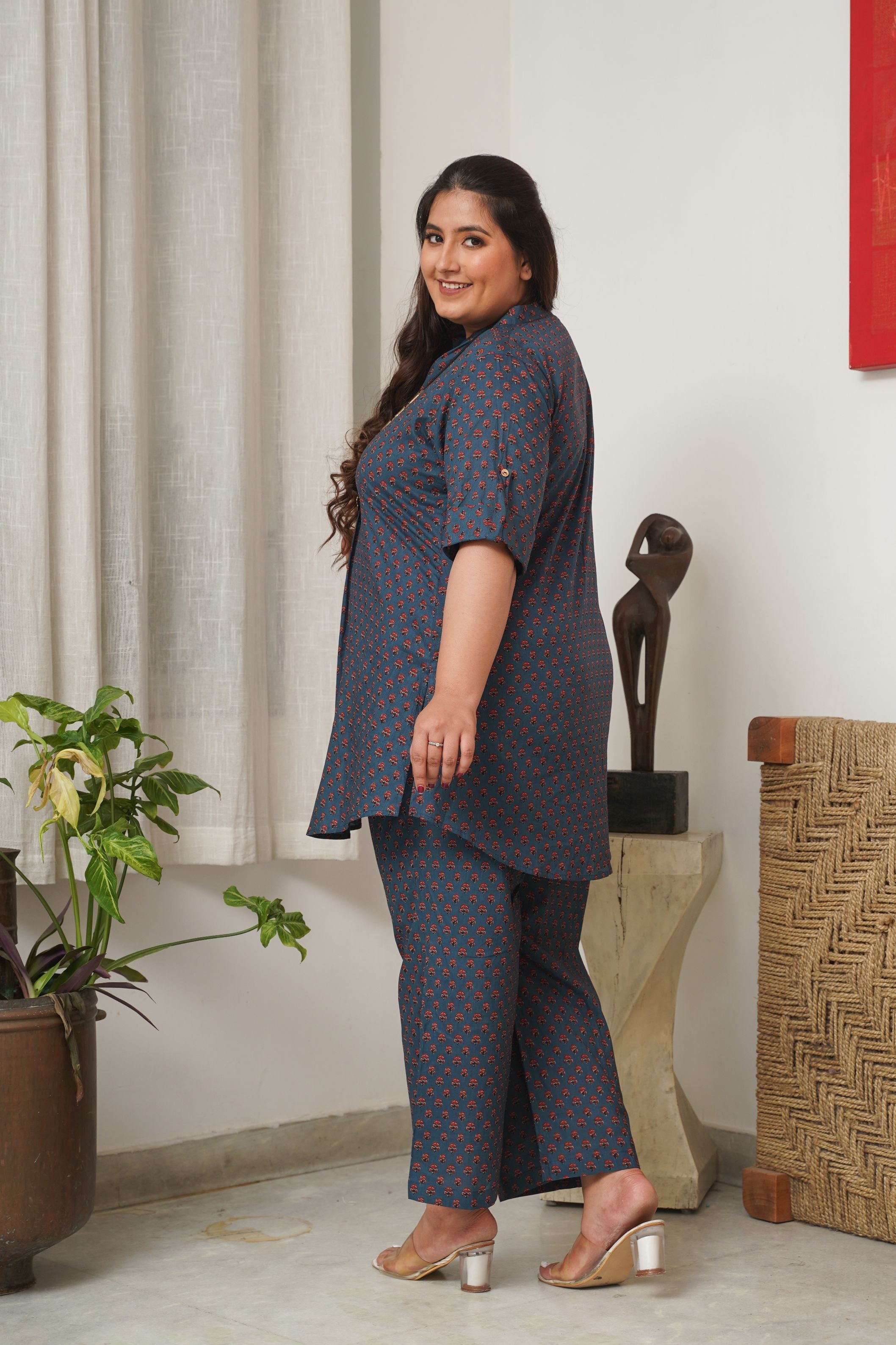 Women's Booti Print Classic Blue Collared Co-Ord Set - Nangalia Ruchira