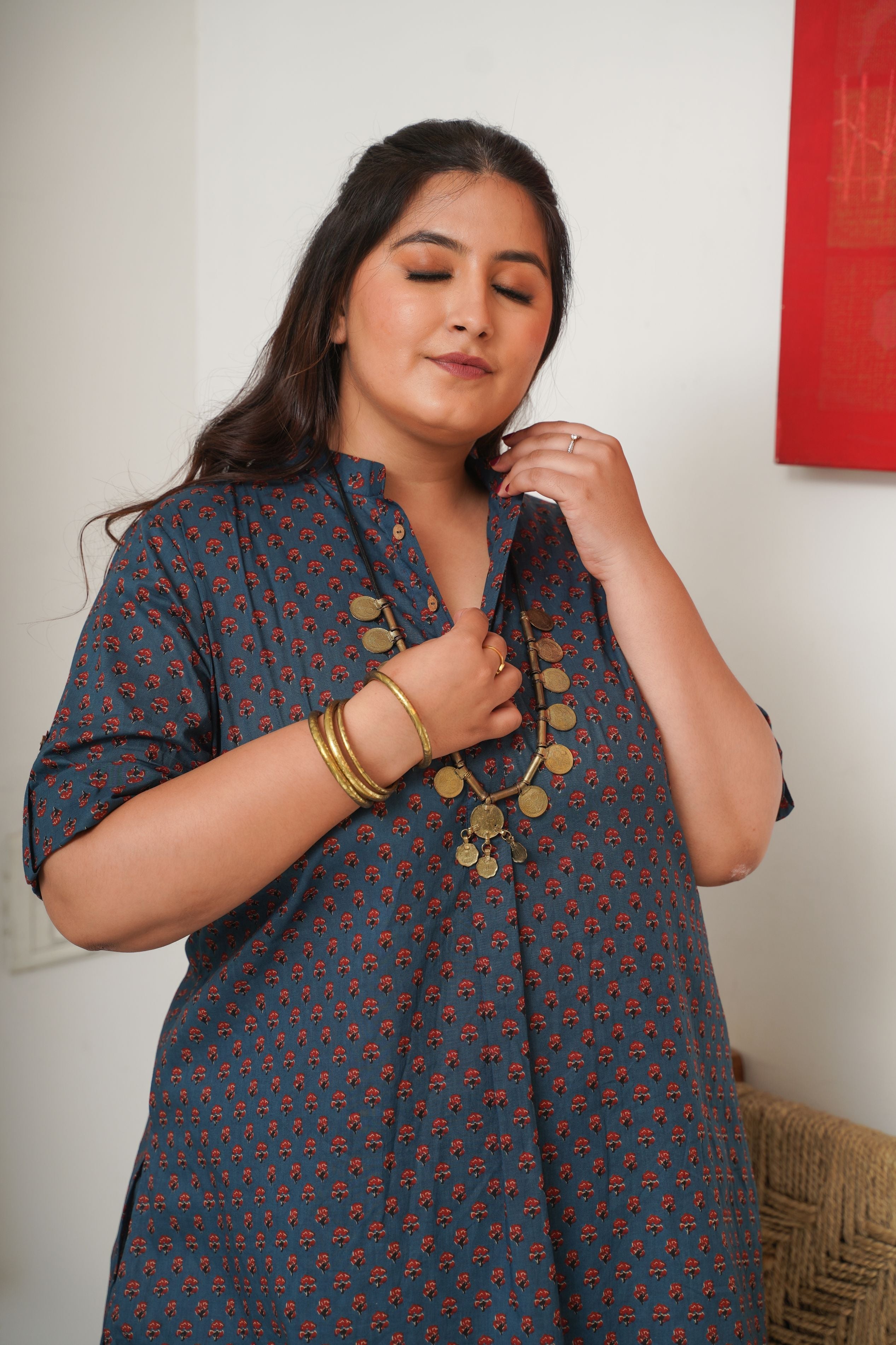 Women's Booti Print Classic Blue Collared Co-Ord Set - Nangalia Ruchira