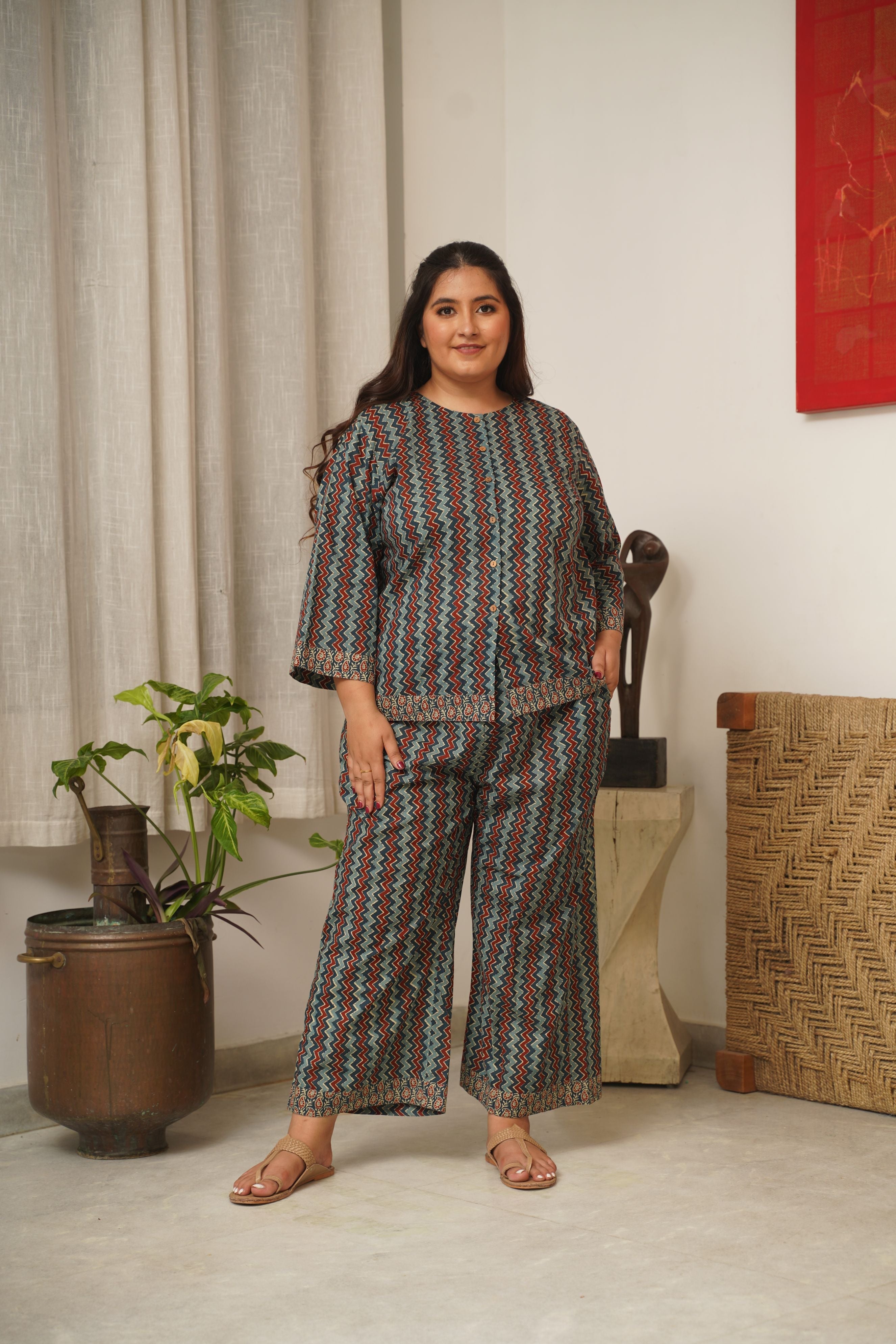 Women's Chevron Blue Bagru Cotton Co-Ord Set - Nangalia Ruchira
