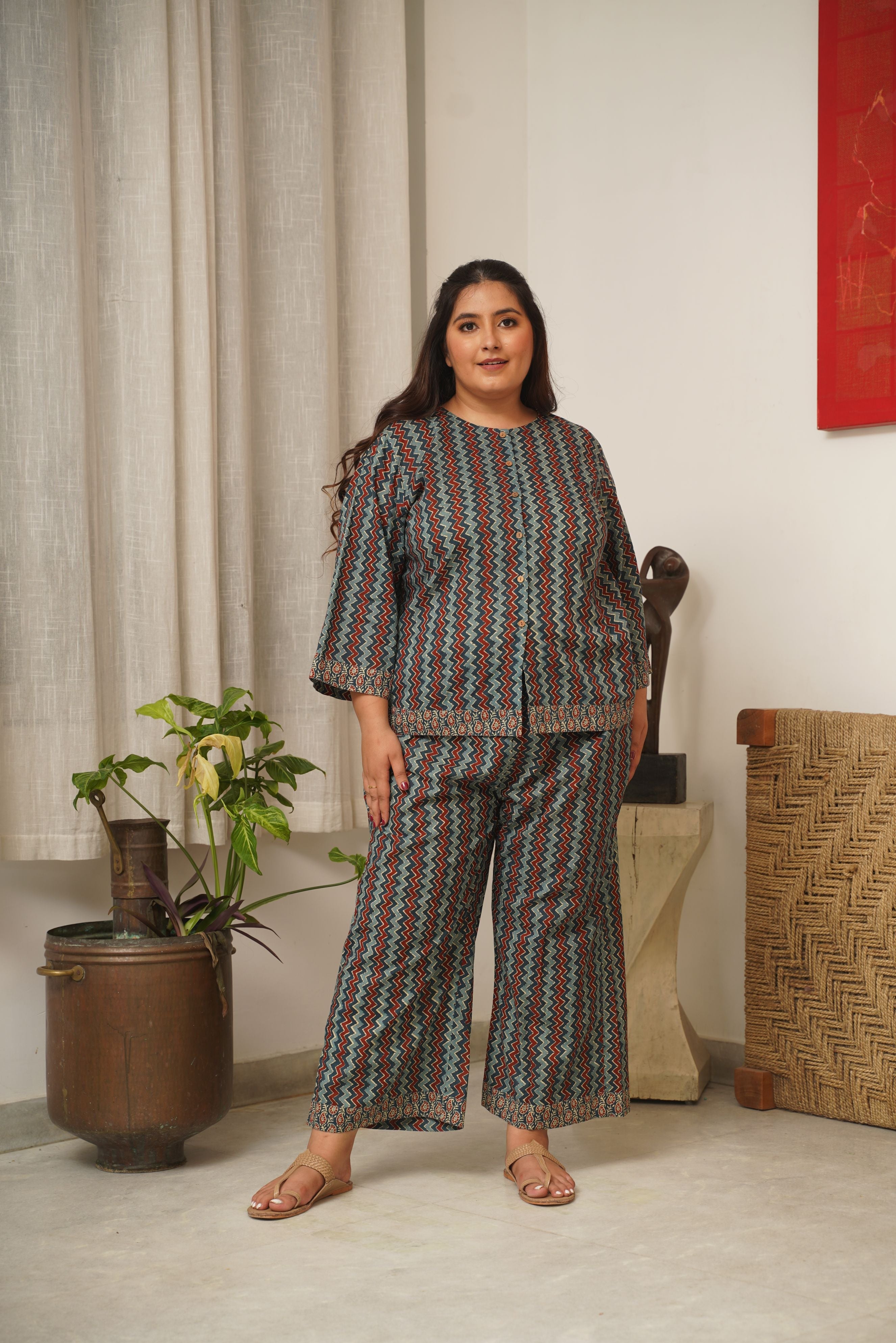 Women's Chevron Blue Bagru Cotton Co-Ord Set - Nangalia Ruchira