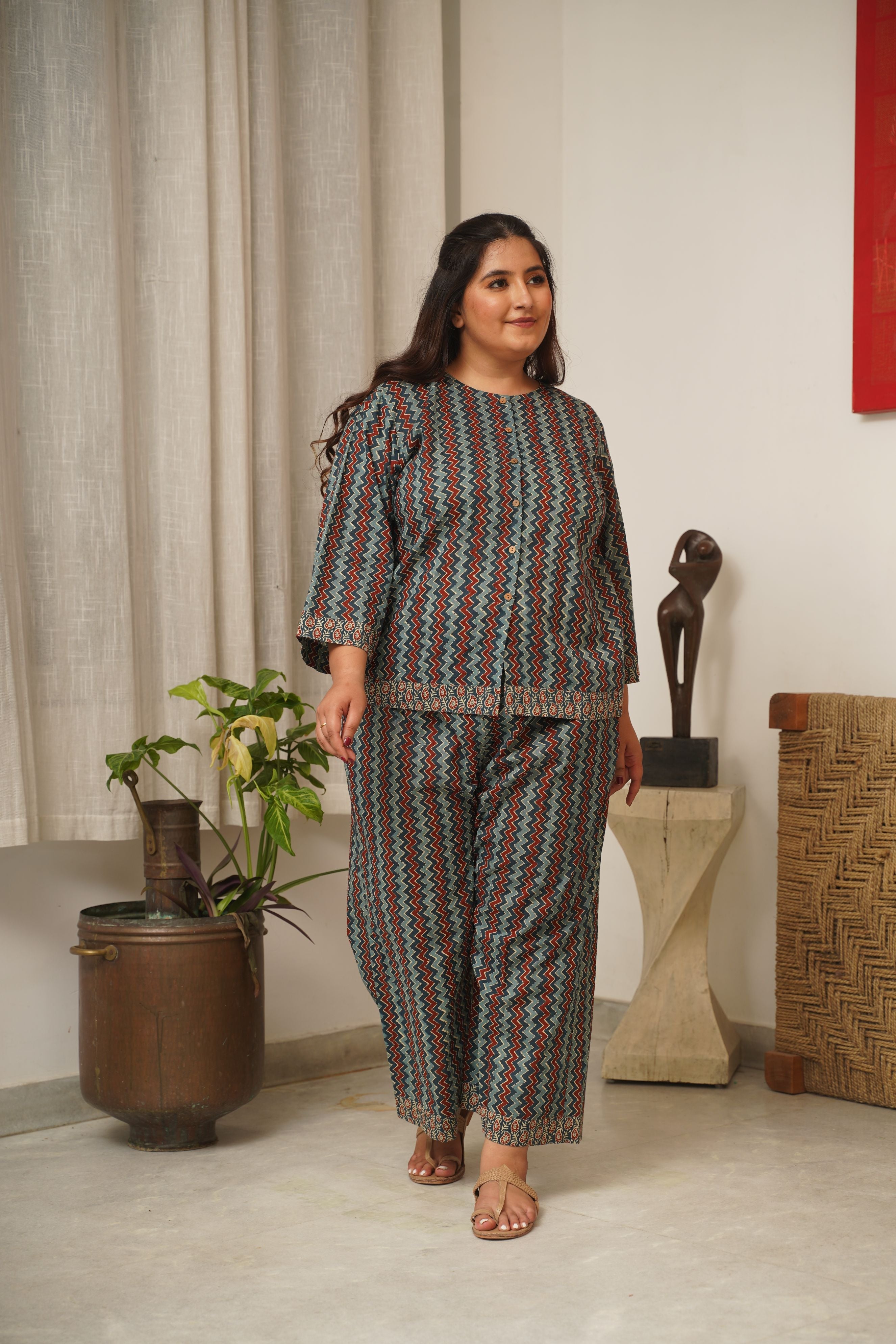 Women's Chevron Blue Bagru Cotton Co-Ord Set - Nangalia Ruchira