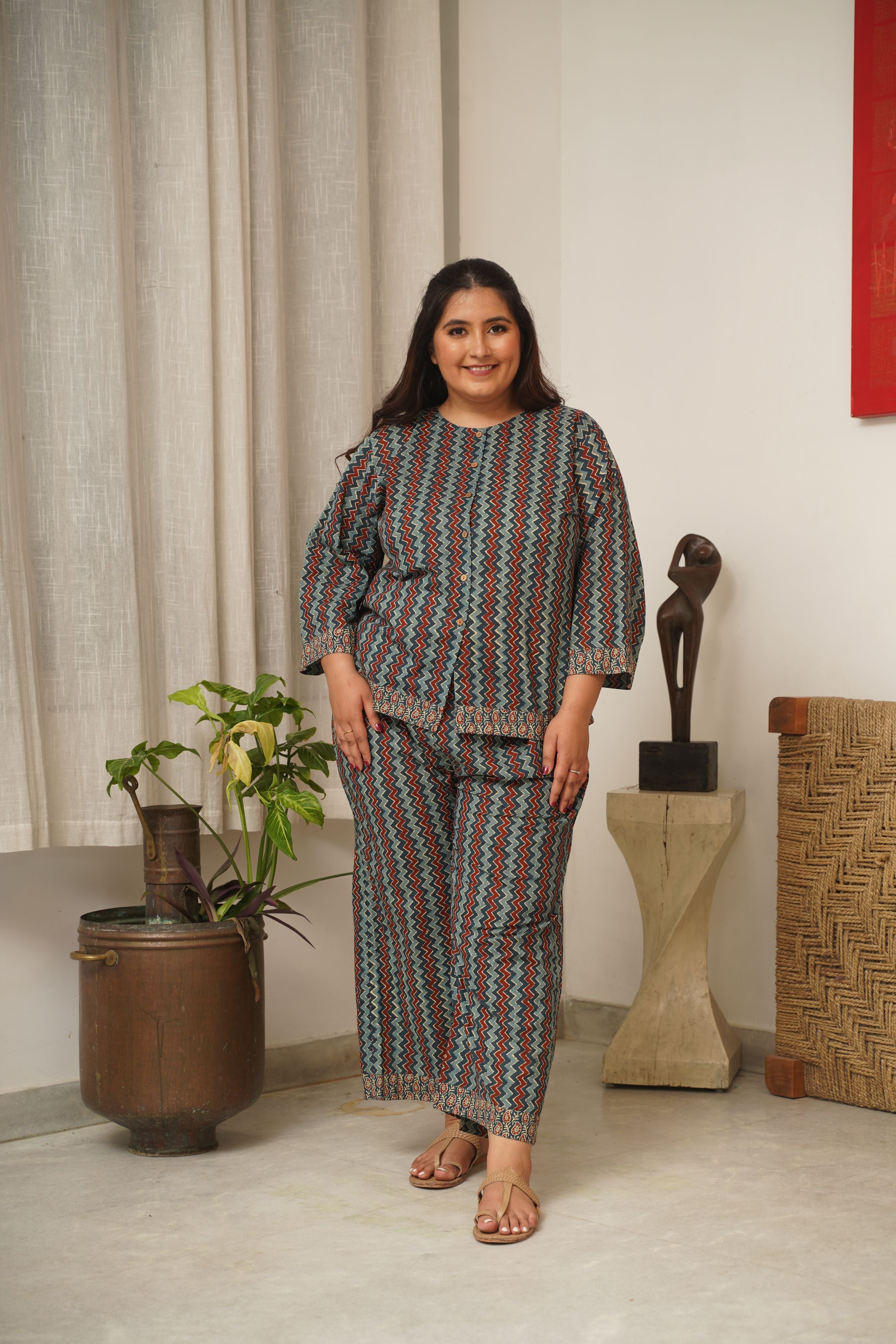 Women's Chevron Blue Bagru Cotton Co-Ord Set - Nangalia Ruchira