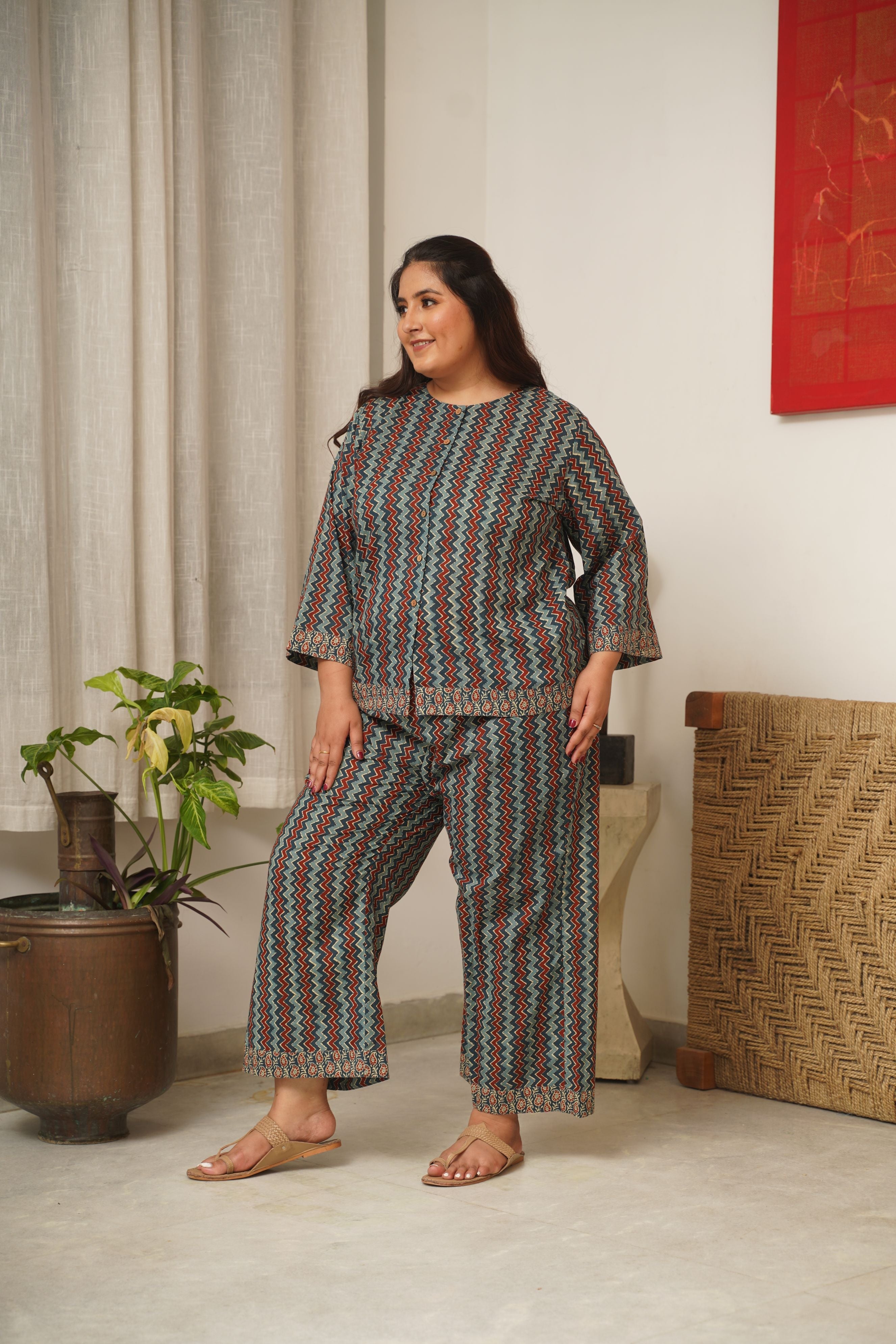 Women's Chevron Blue Bagru Cotton Co-Ord Set - Nangalia Ruchira