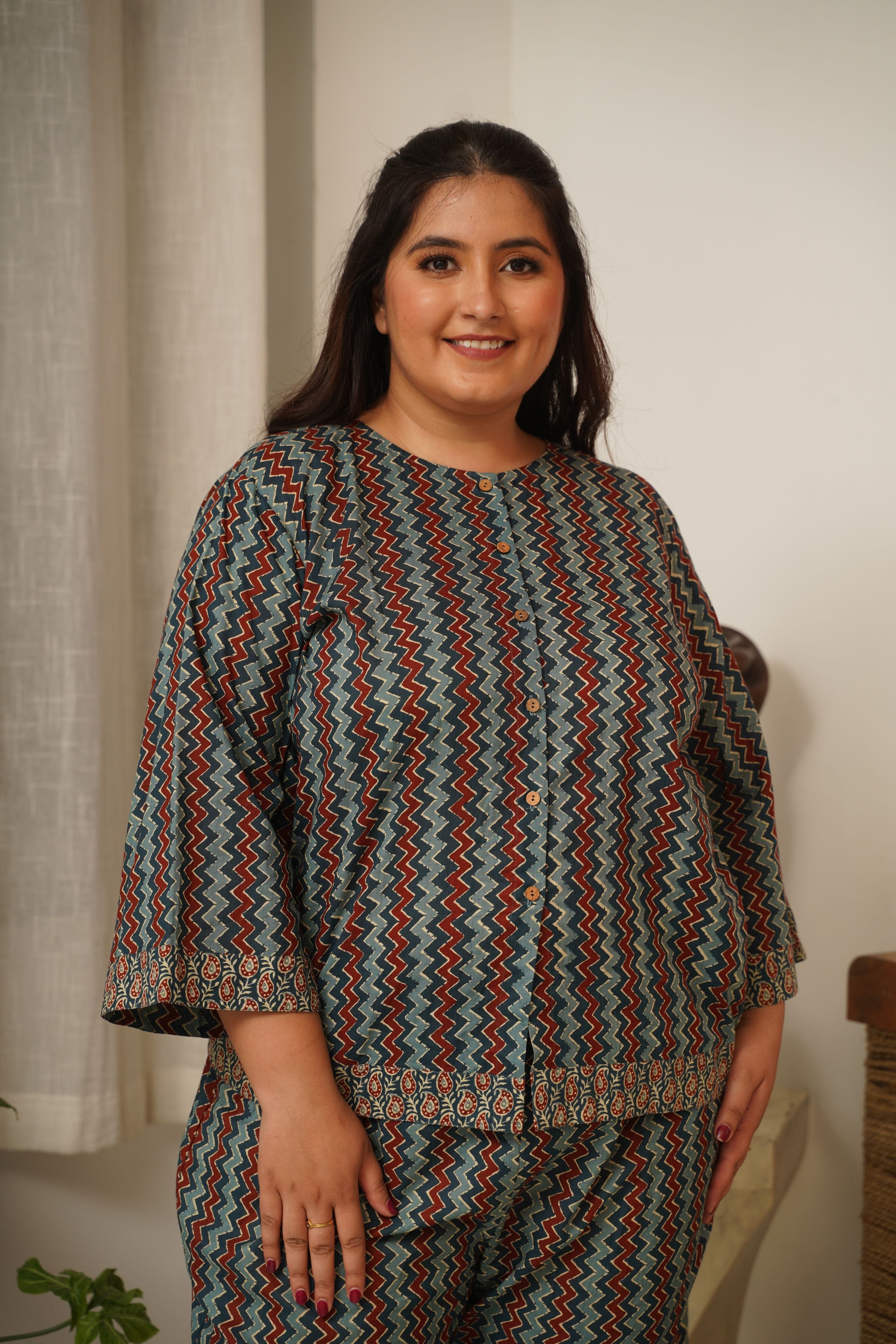Women's Chevron Blue Bagru Cotton Co-Ord Set - Nangalia Ruchira