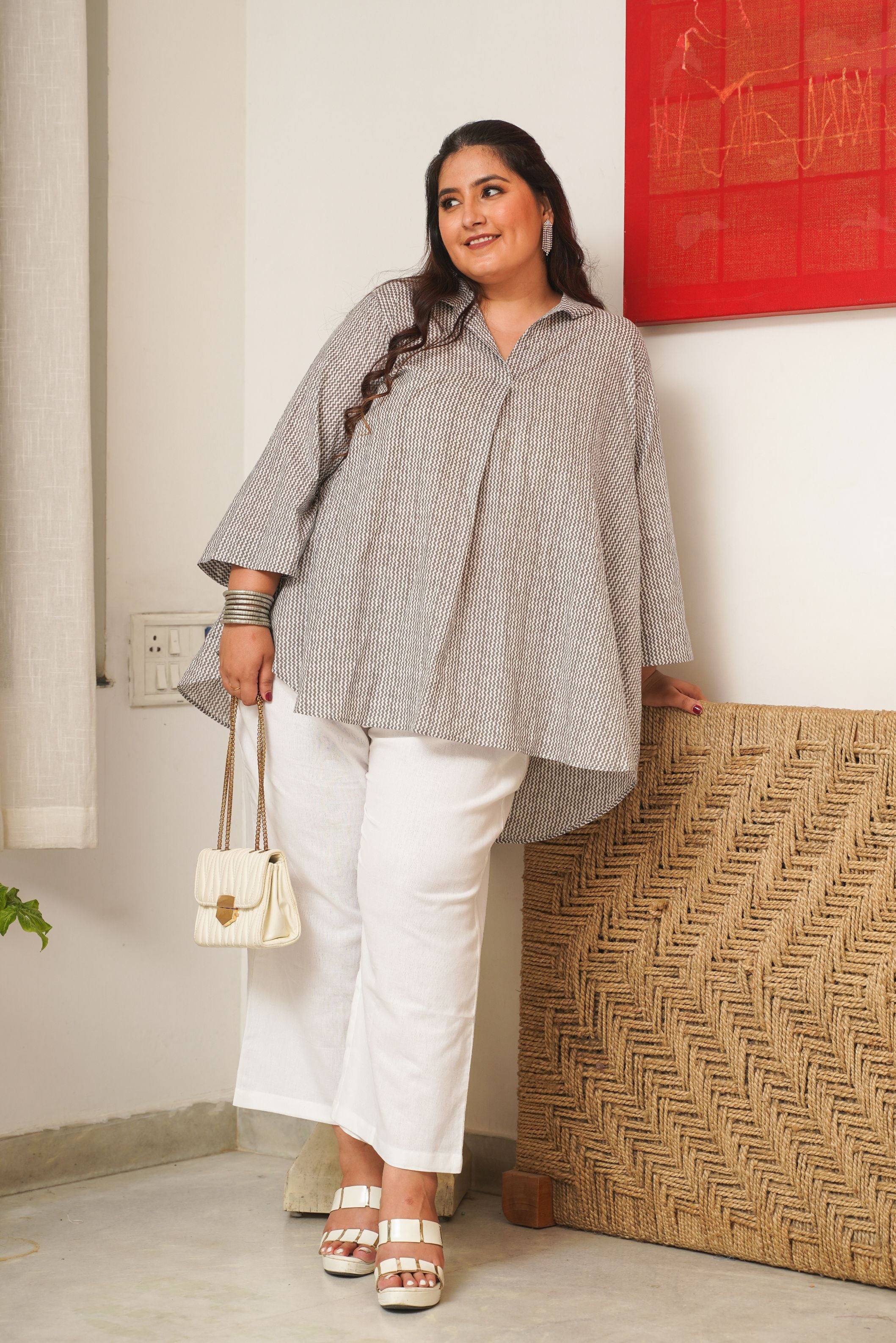 Women's Grey Chevron  Anti-Fit Top And Mid-Rise Relaxed Fit Pants (Set Of 2) - Nangalia Ruchira