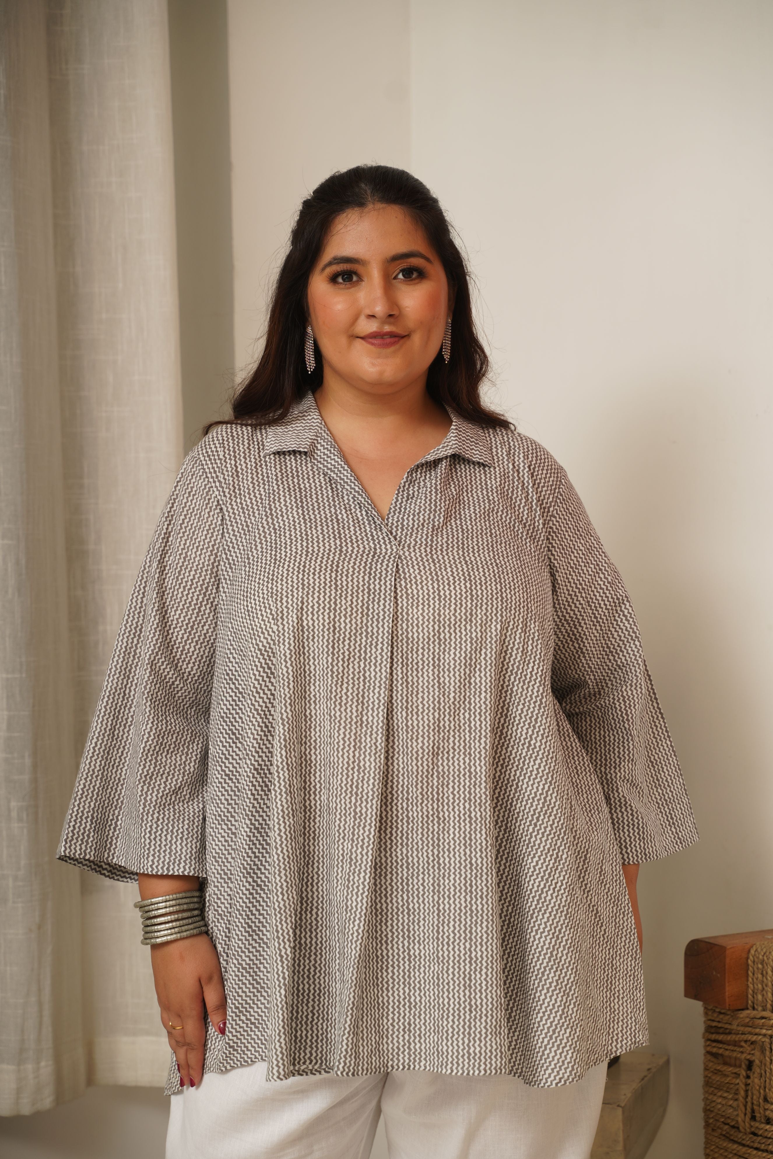 Women's Grey Chevron Anti-Fit Cotton Top ( Only Top ) - Nangalia Ruchira
