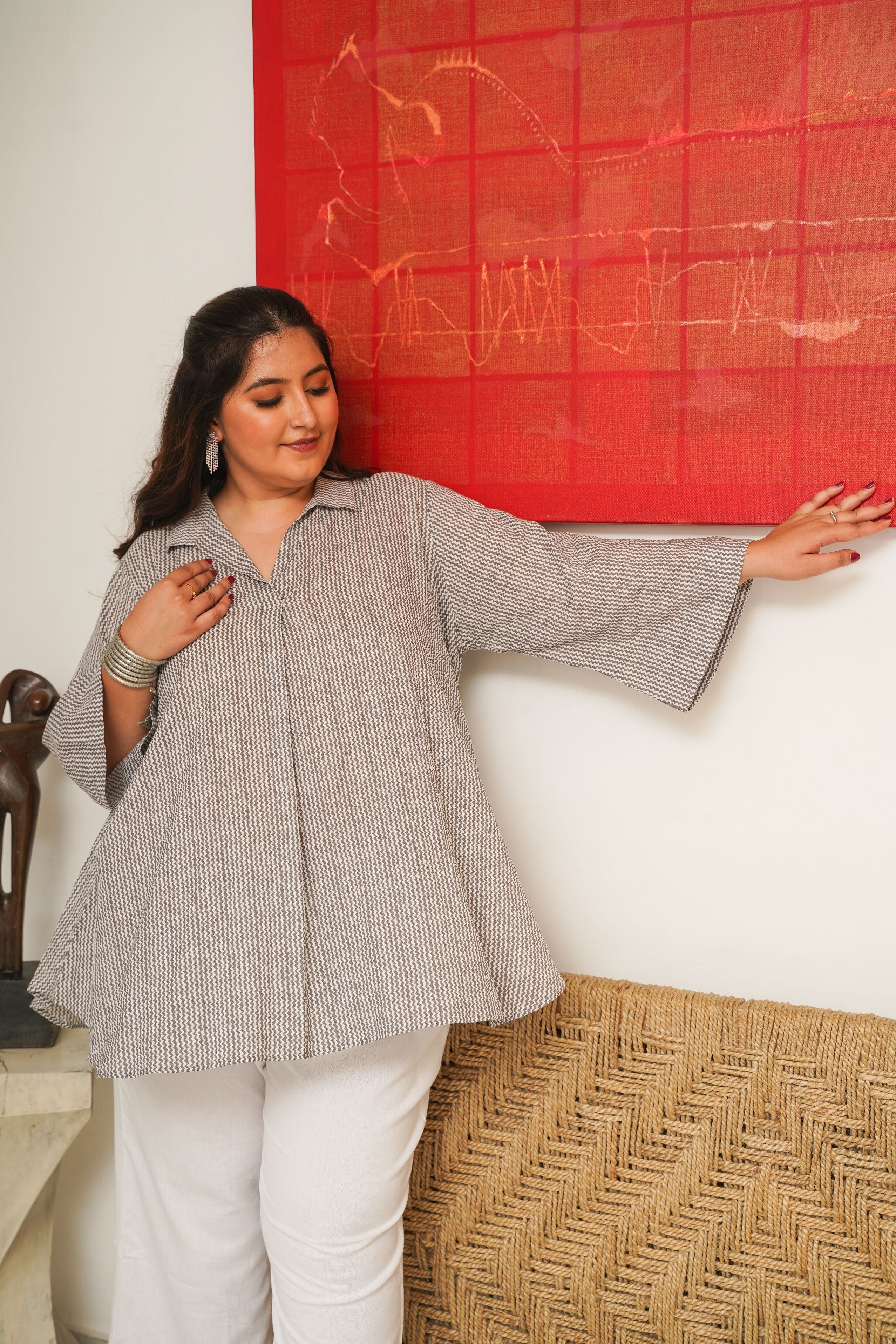 Women's Grey Chevron Anti-Fit Cotton Top ( Only Top ) - Nangalia Ruchira